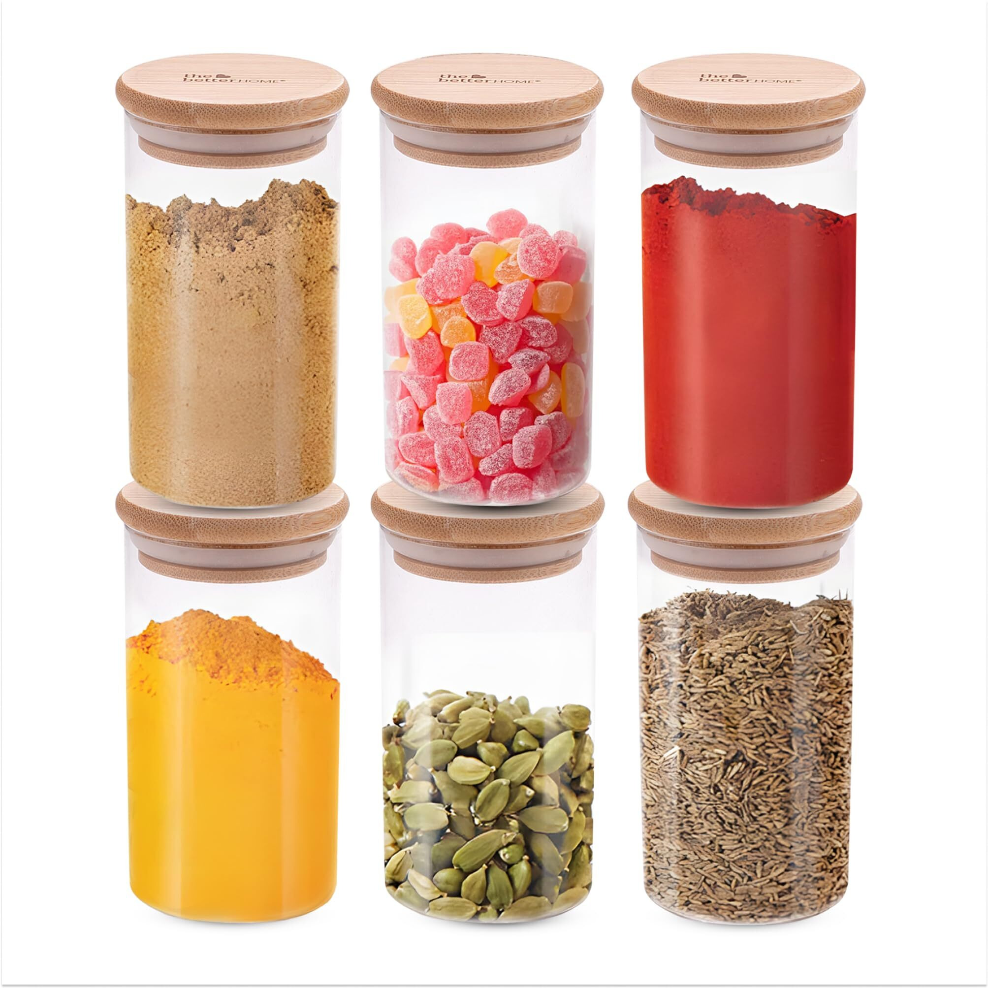 The Better Home Borosilicate Glass Jars With Bamboo Lid | Pack Of 6-300 Ml Each | Spice Jars For Kitchen | Airtight Kitchen Containers Set | Glass Jars For Spices, Dry Fruits, Nuts, Sugar, Salt