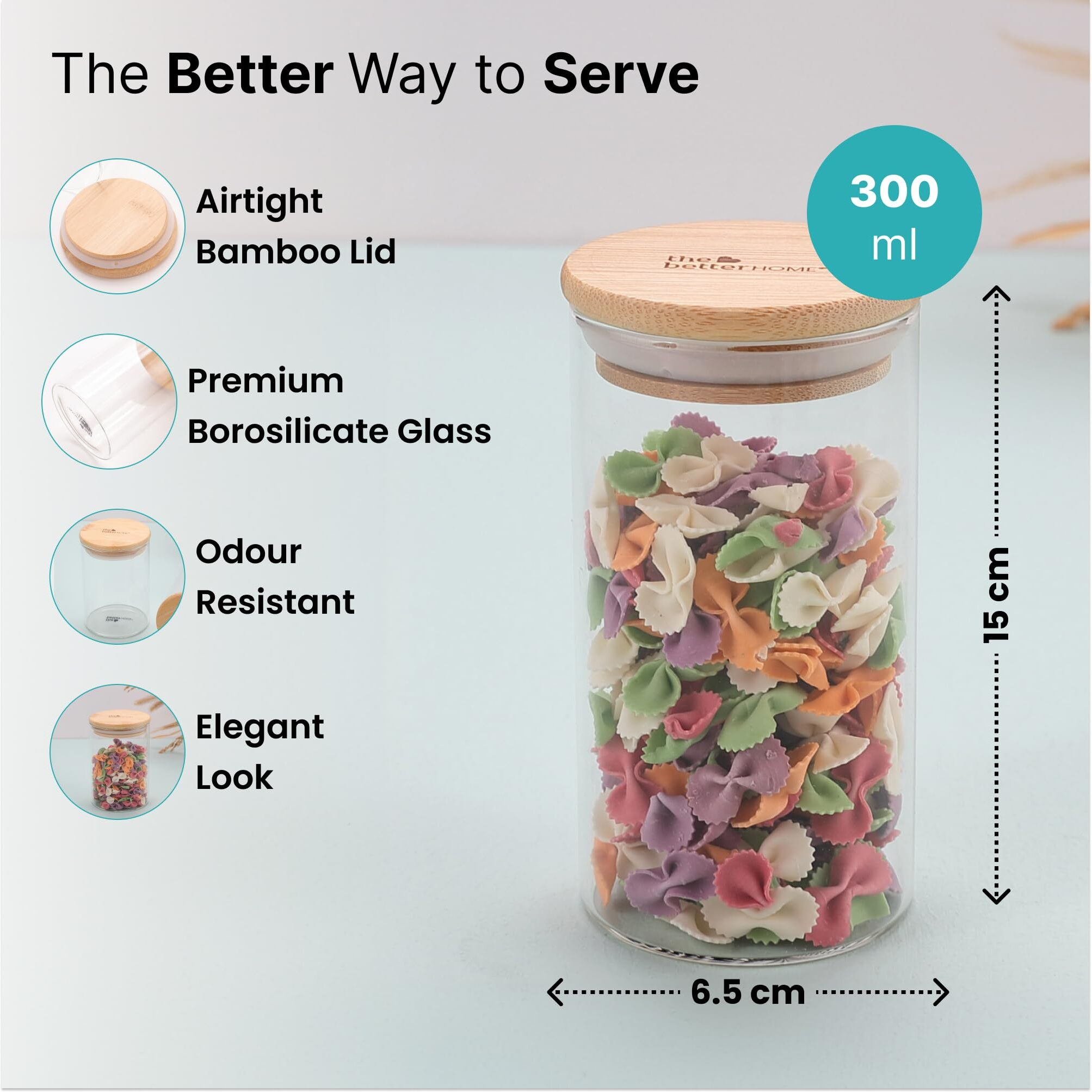 The Better Home Borosilicate Glass Jars With Bamboo Lid | Pack Of 6-300 Ml Each | Spice Jars For Kitchen | Airtight Kitchen Containers Set | Glass Jars For Spices, Dry Fruits, Nuts, Sugar, Salt