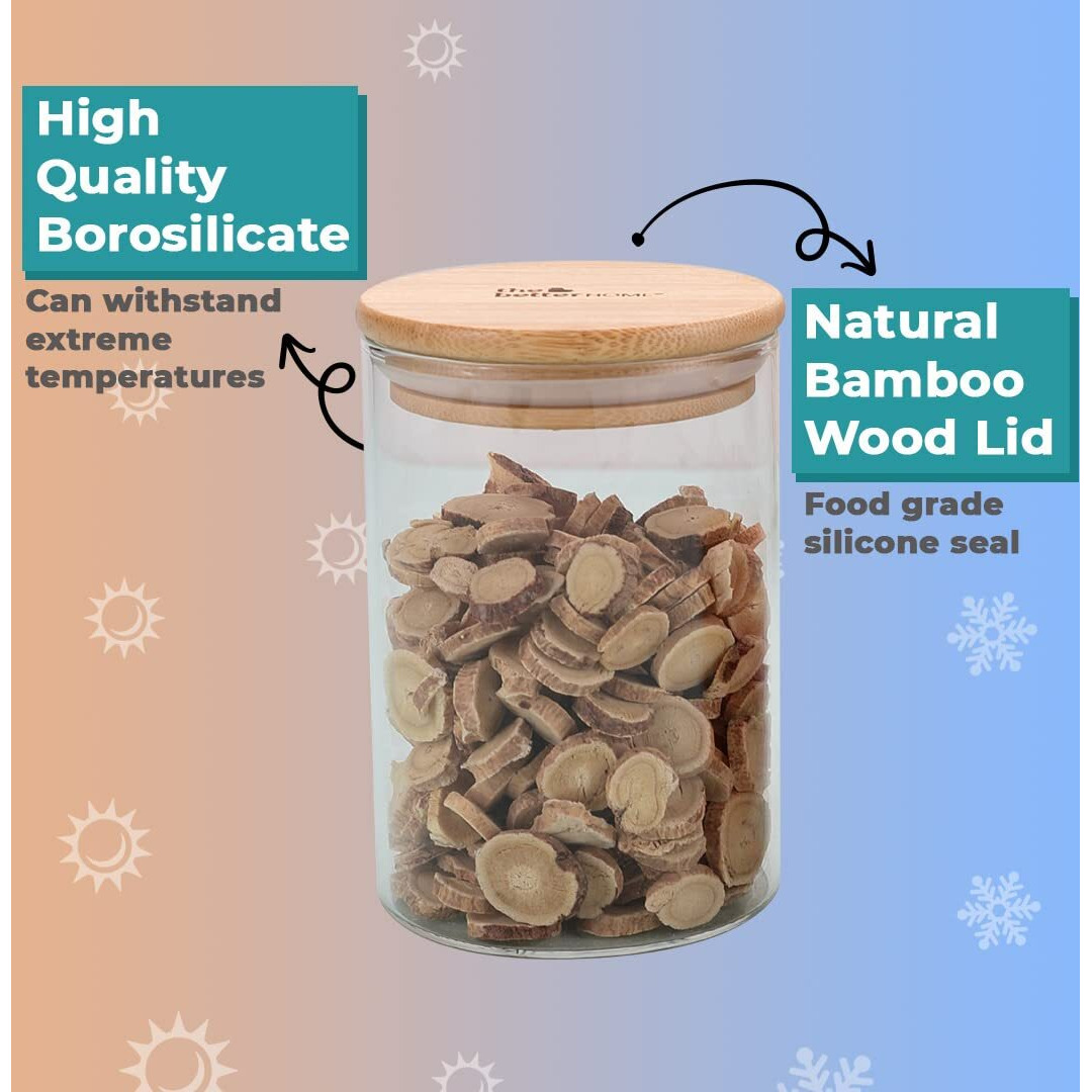 The Better Home Pack Of 2 Borosilicate Glass Jars With Bamboo Lid I Transparent Airtight Borosilicate Kitchen Containers Set | Glass Jars For Cookies Snacks Dry Fruits Nuts Pulses | 600 Ml Each
