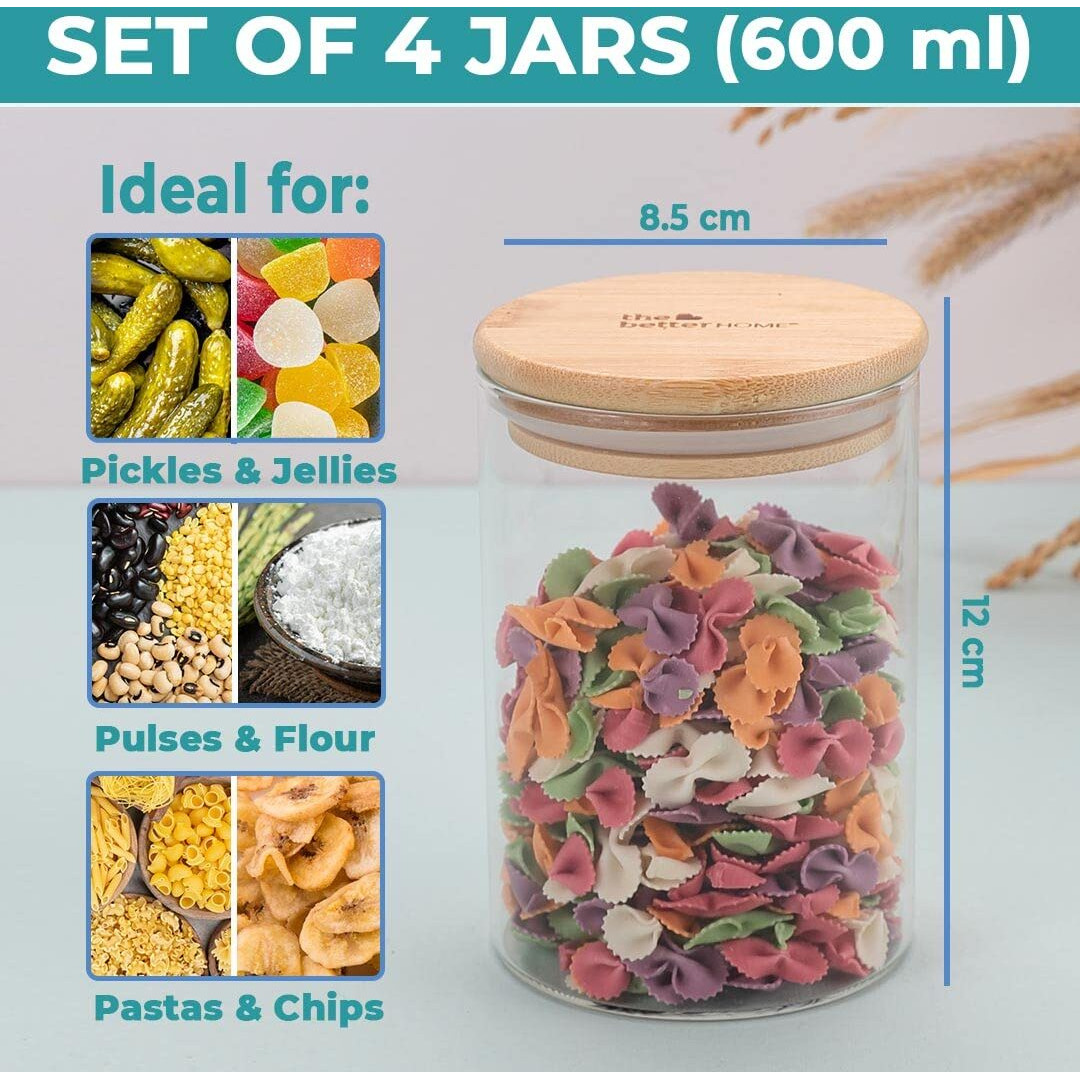 The Better Home Pack Of 2 Borosilicate Glass Jars With Bamboo Lid I Transparent Airtight Borosilicate Kitchen Containers Set | Glass Jars For Cookies Snacks Dry Fruits Nuts Pulses | 600 Ml Each