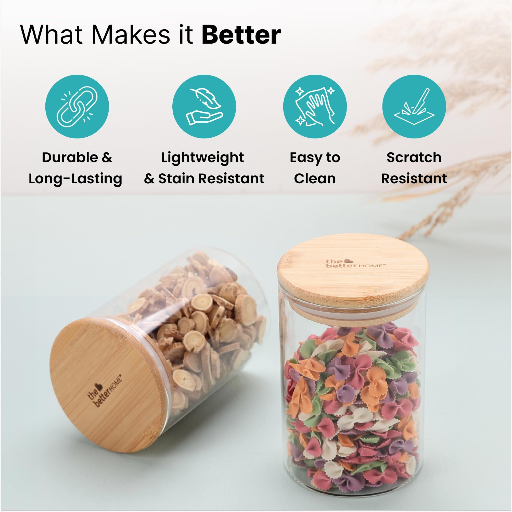 The Better Home Pack Of 4 Kitchen Accessories Item With Bamboo Lid I Transparent Airtight Borosilicate Kitchen Containers Set | Glass Jars For Cookies Snacks Tea Coffee Sugar | 600 Ml Each