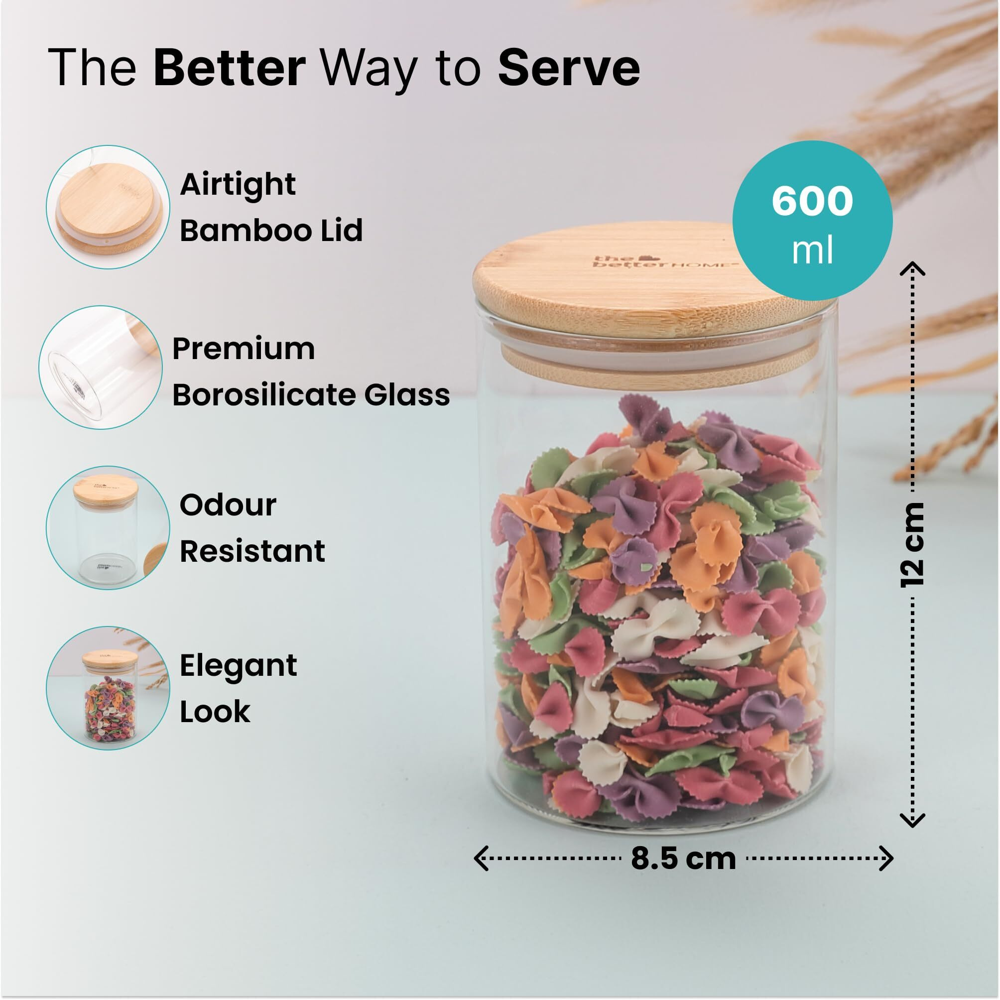 The Better Home Pack Of 4 Kitchen Accessories Item With Bamboo Lid I Transparent Airtight Borosilicate Kitchen Containers Set | Glass Jars For Cookies Snacks Tea Coffee Sugar | 600 Ml Each