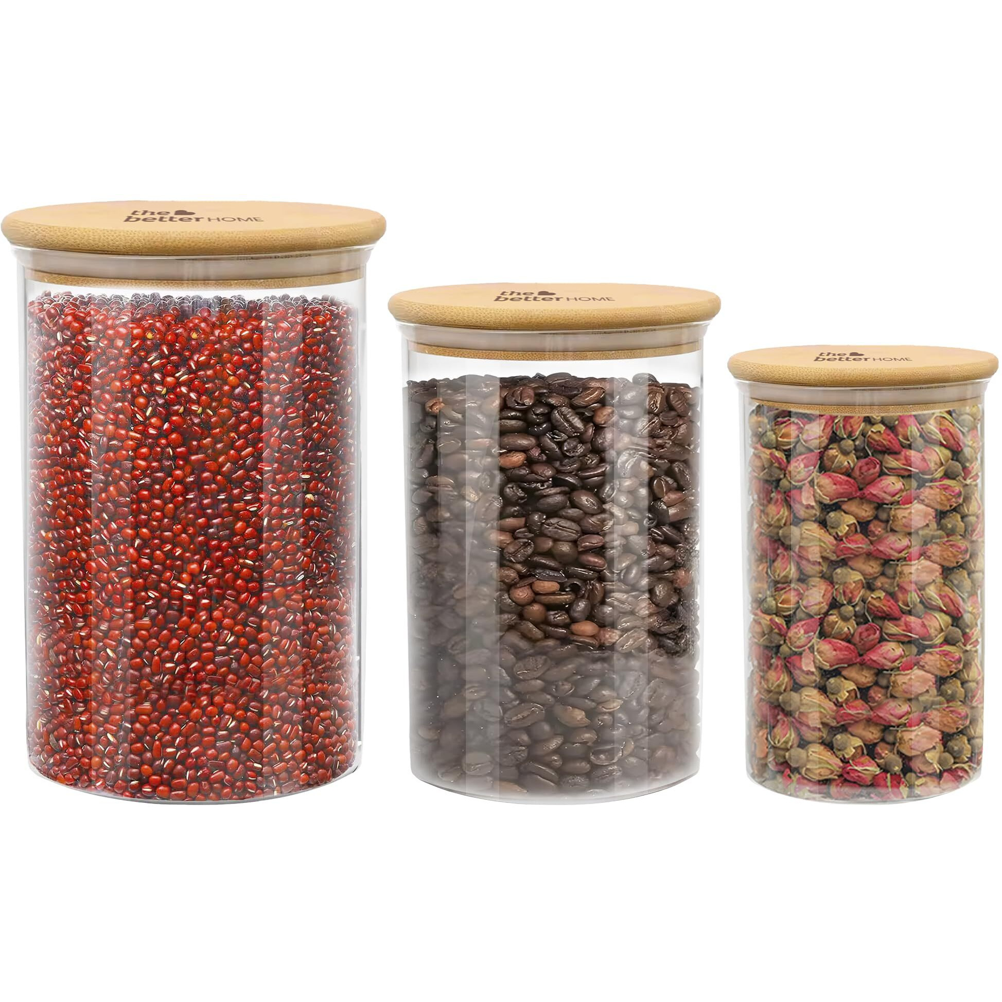 The Better Home Pack Of 3 Borosilicate Glass Jars With Bamboo Lid I Transparent Airtight Borosilicate Kitchen Containers Set | Glass Jars For Cookies Snacks Pulses Dry Fruits | 300Ml+600Ml+1000 Ml
