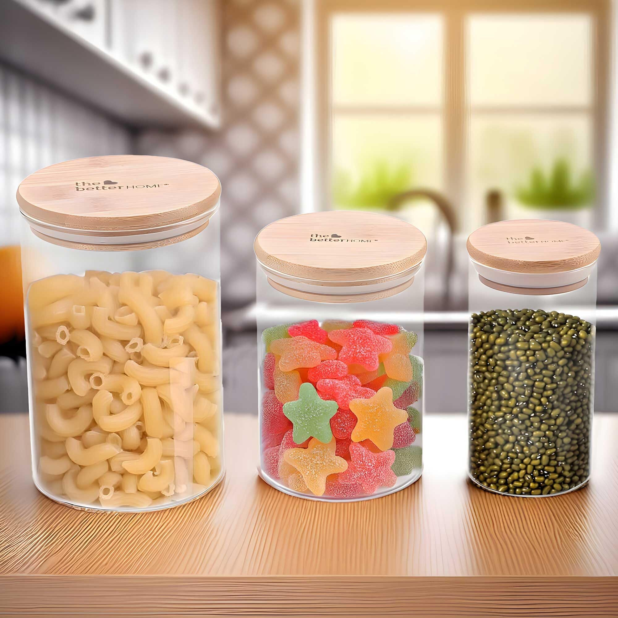 The Better Home Pack Of 3 Borosilicate Glass Jars With Bamboo Lid I Transparent Airtight Borosilicate Kitchen Containers Set | Glass Jars For Cookies Snacks Pulses Dry Fruits | 300Ml+600Ml+1000 Ml