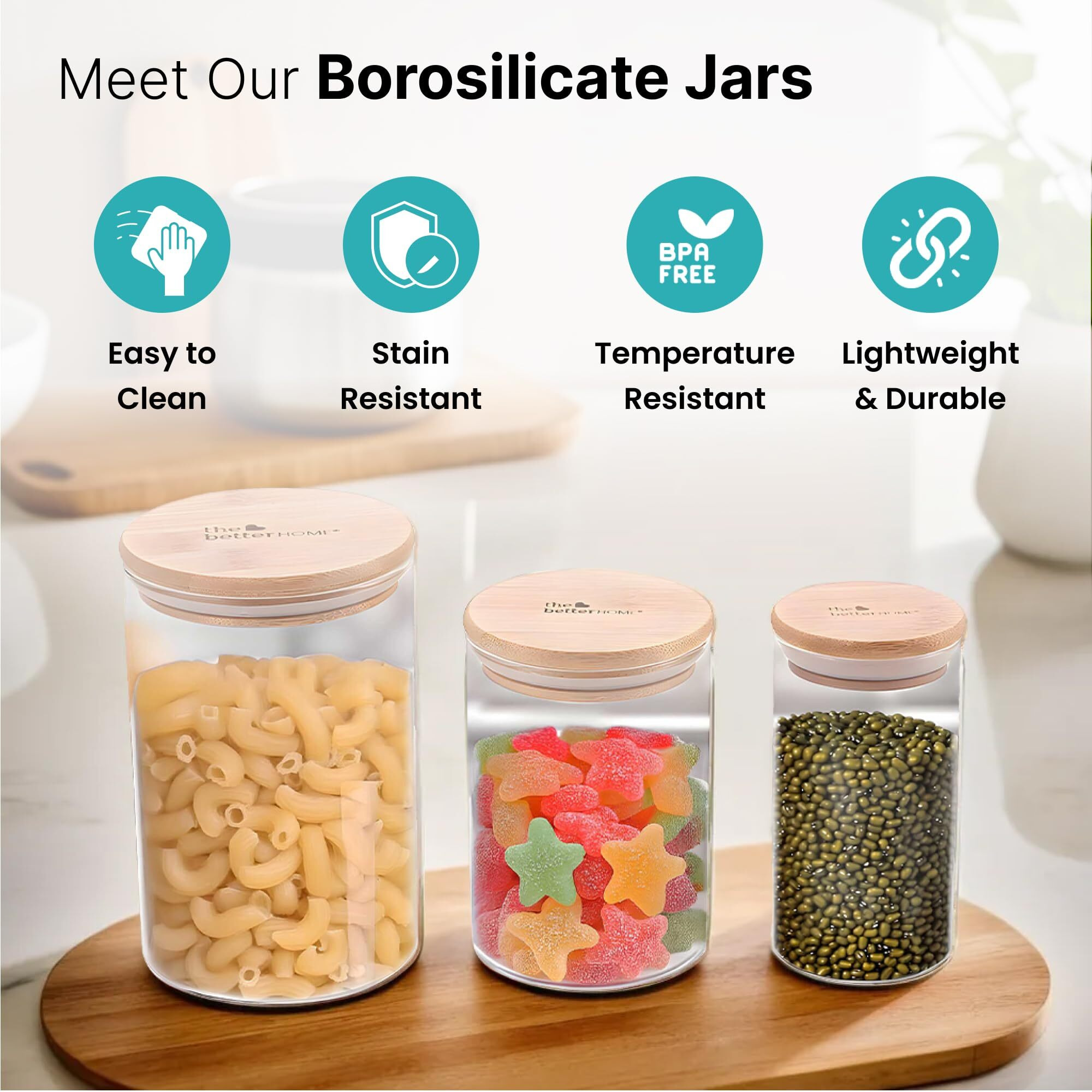 The Better Home Pack Of 3 Borosilicate Glass Jars With Bamboo Lid I Transparent Airtight Borosilicate Kitchen Containers Set | Glass Jars For Cookies Snacks Pulses Dry Fruits | 300Ml+600Ml+1000 Ml