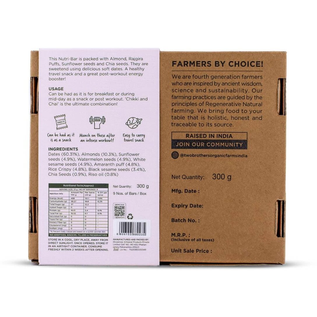 Two Brothers Organic Farms Nutribars (9 Energy Bars, 300G) | Proteinbars With Dates, Almonds, And Rajgira | Healthy Nutritionbars With No Added Sugar, Nutrient Powerhousebars