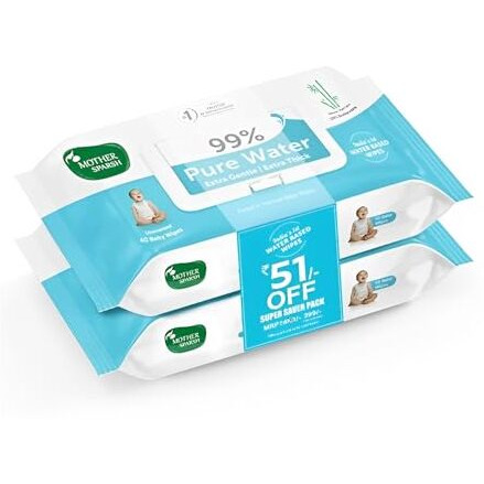 Mother Sparsh 99% Pure Water Baby Wipes (40X2) Super Saver Travel Friendly Combo Pack | Wipes Made With Plant Based Fabric
