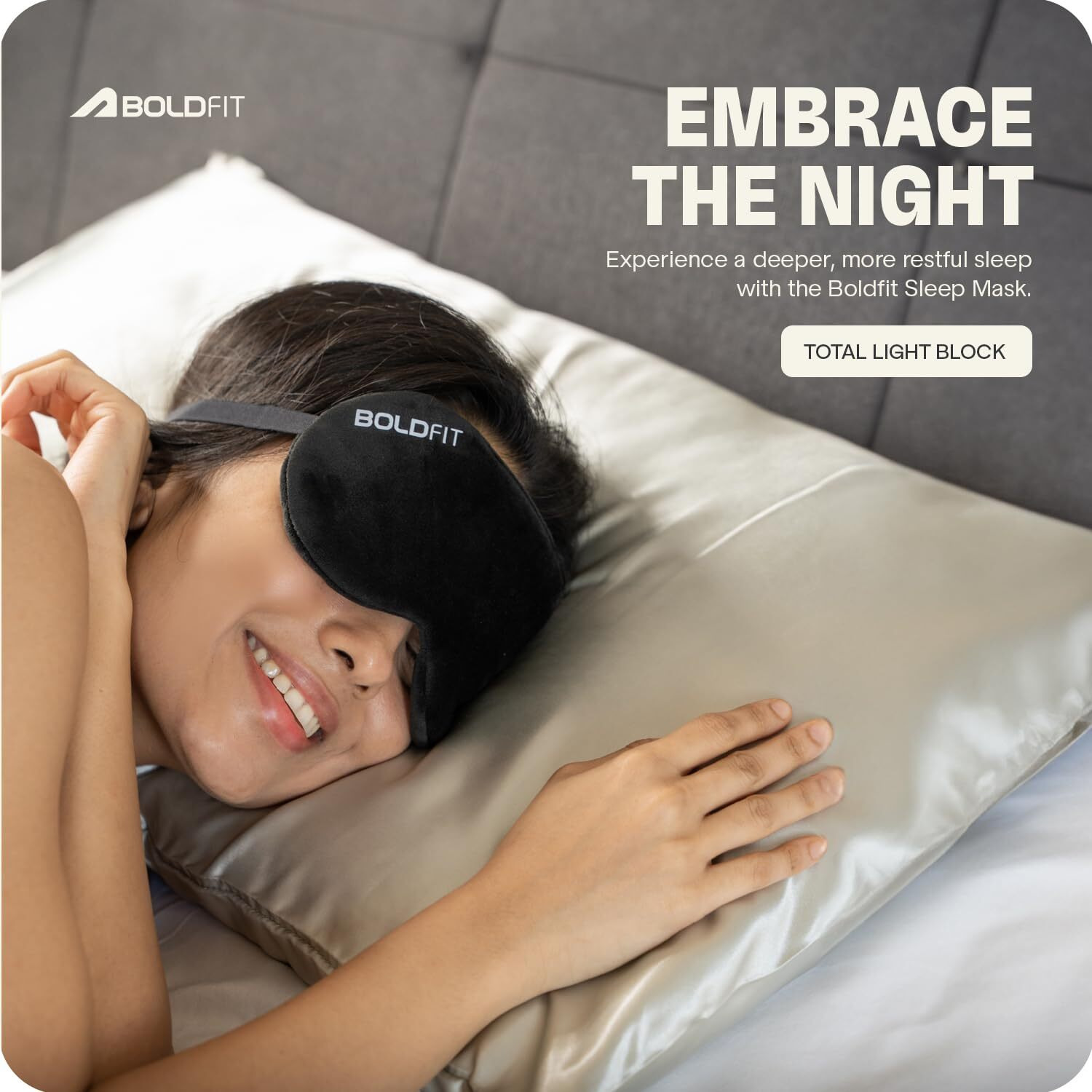 Boldfit Eye Mask For Sleeping With Adjustable Strap Super Soft Sleeping Mask Blind Fold For Comfortable Sleep Travelling Sleep Mask Pad For Girls - Black, Silk