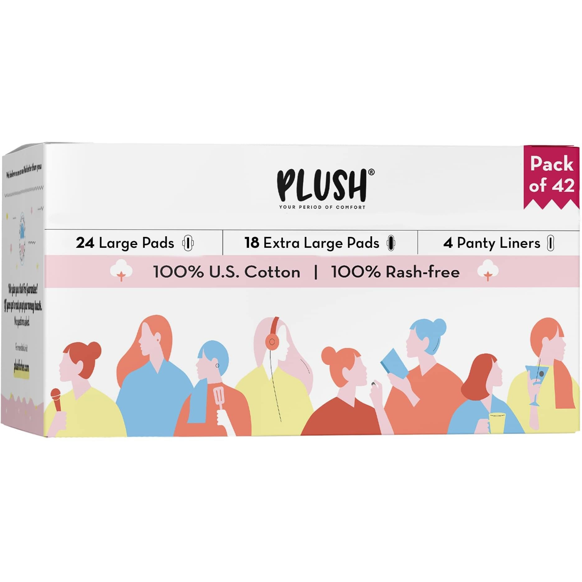 Plush Ultra-Thin Sanitary Pads For Women, 42 Pcs | Super Saver Pack | 24 L (Light Flow), 18 Xl (Medium Flow), 4 Panty Liners | 100% Rash-Free | Pure U.S. Cotton Pads | Affordable Sanitary Napkins