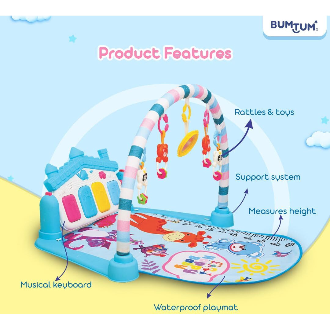 Bumtum Baby Piano Gym Blue Hut | Play Mat For Gym & Fitness Rack With Hanging Rattles Keyboard Set With Music Mode.