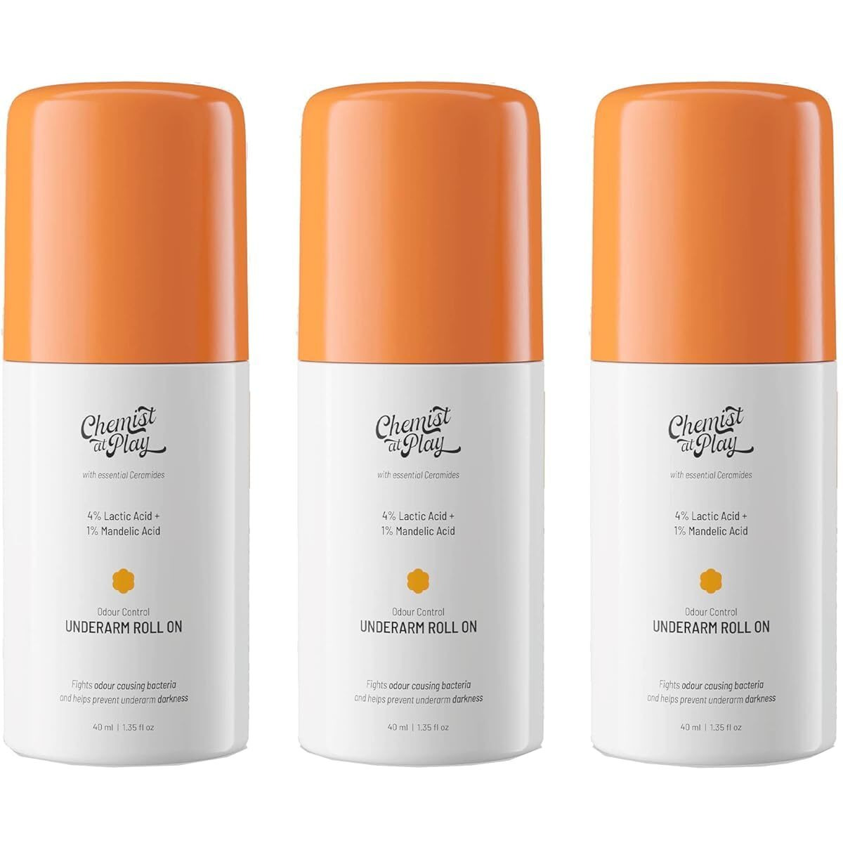 Chemist At Play Underarm Roll-On With 5% Lactic Acid & 1% Mandelic Acid | Prevents Odour, Brightens Skin & Exfoliates Underarm | Fragrance-Free For Sensitive Skin | Alcohol Free | 40Ml (Pack Of 3)