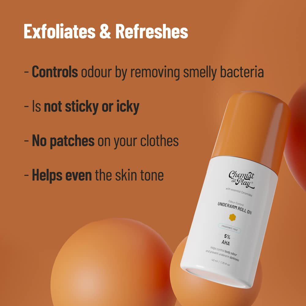Chemist At Play Underarm Roll-On With 5% Lactic Acid & 1% Mandelic Acid | Prevents Odour, Brightens Skin & Exfoliates Underarm | Fragrance-Free For Sensitive Skin | Alcohol Free | 40Ml (Pack Of 3)