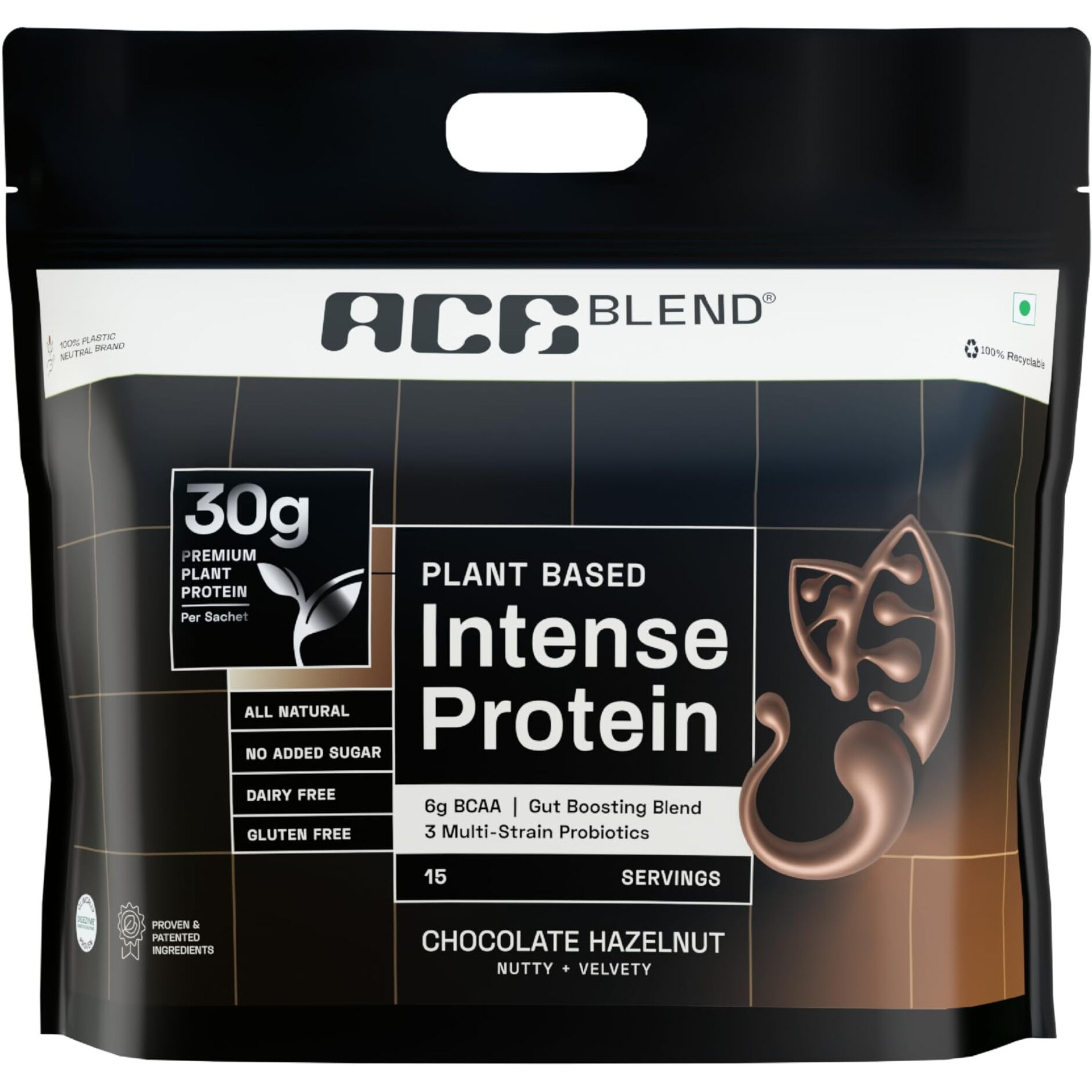 Ace Blend Intense 30G A-Grade Plant Protein Powder | 30 Servings | Chocolate Hazelnut Flavour | Probiotics + Fiber | 6G Bcaa | 95%+ Bio Available | Advanced Lean Muscle Growth & Recovery | Men & Women