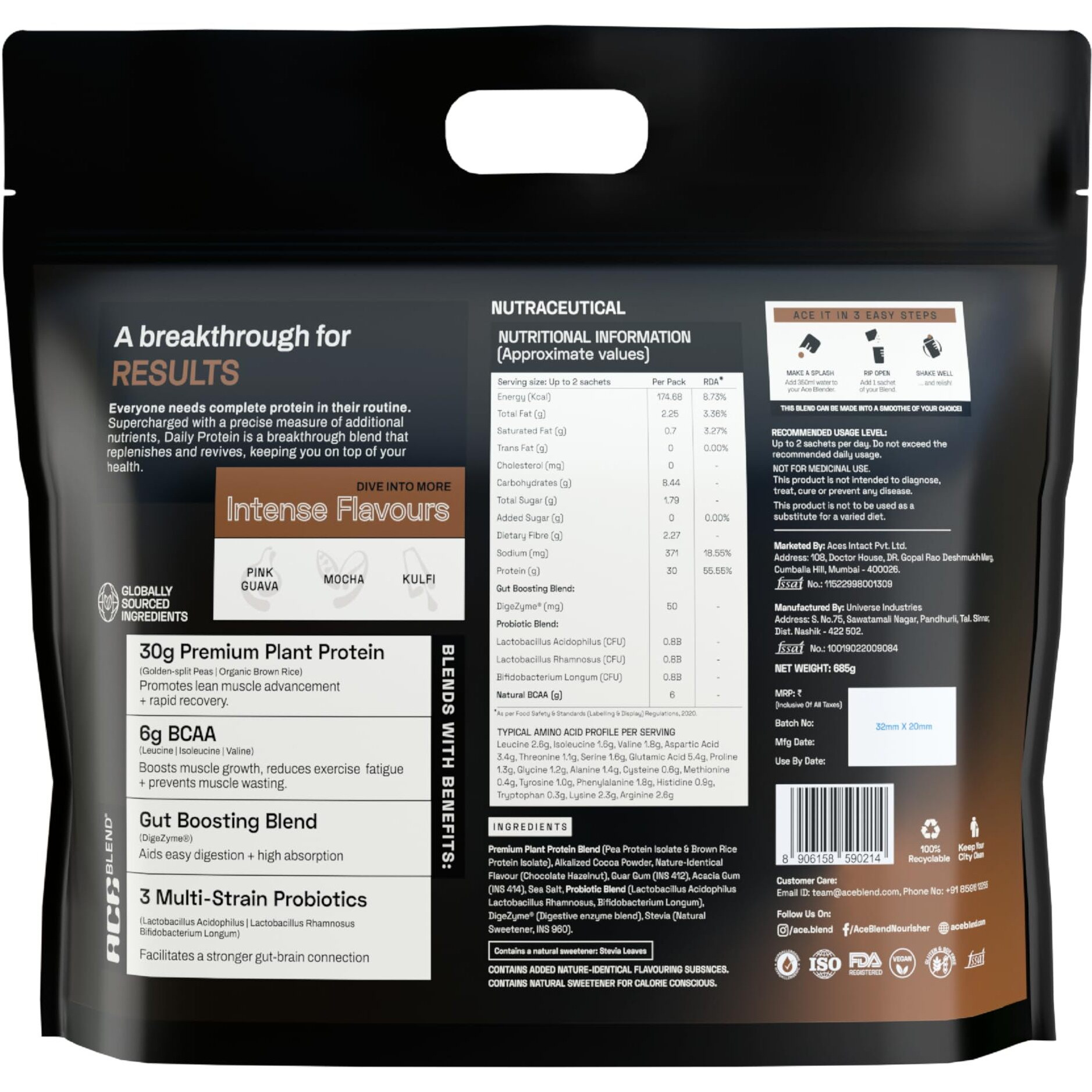 Ace Blend Intense 30G A-Grade Plant Protein Powder | 30 Servings | Chocolate Hazelnut Flavour | Probiotics + Fiber | 6G Bcaa | 95%+ Bio Available | Advanced Lean Muscle Growth & Recovery | Men & Women