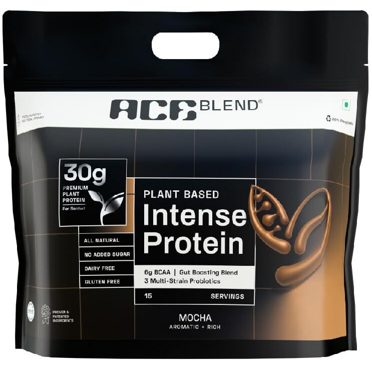 Ace Blend Intense 30G A-Grade Plant Protein Powder | 15 Servings | Mocha Flavour | Complete Amino Acid Profile | Probiotics + Fiber | 6G Bcaa | 95%+ Bio | Advanced Lean Muscle Growth & Recovery Drink