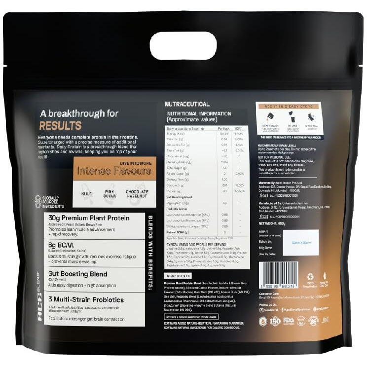 Ace Blend Intense 30G A-Grade Plant Protein Powder | 15 Servings | Mocha Flavour | Complete Amino Acid Profile | Probiotics + Fiber | 6G Bcaa | 95%+ Bio | Advanced Lean Muscle Growth & Recovery Drink