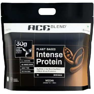 Ace Blend Intense 30G A-Grade Plant Based Protein Powder | 30 Servings | Mocha Flavour | Amino Acid Profile | Probiotics + Fiber | 6G Bcaa | 95%+ Bio | Advanced Lean Muscle Growth & Recovery Drink