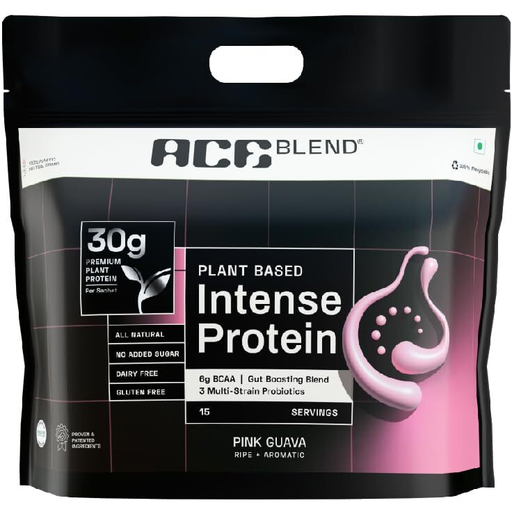 Ace Blend Intense 30G A-Grade Plant Based Protein Powder| 15 Servings | Pink Guava Flavor | Packed With Probiotics, Fiber, 6G Bcaa | 95%+ Bioavailable | Supports Lean Muscle Growth & Recovery