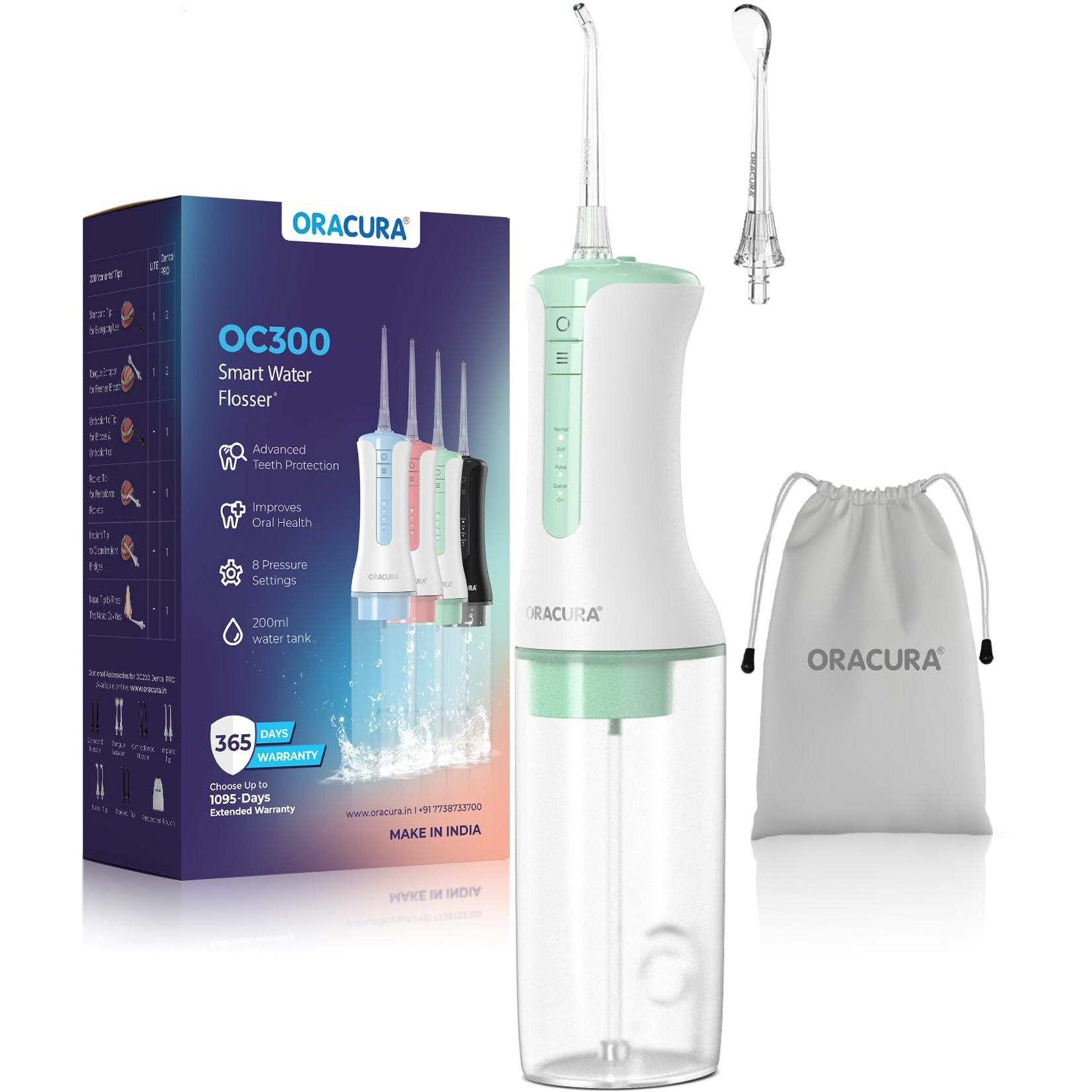 Oracura Oc300 Lite Smart Pro Water Flosser Green | 365 Days Warranty | 4 Modes | Micro-Bubble Technology | 2 Nozzle Tips | 4 Vibrant Colours | 300Ml Water Tank