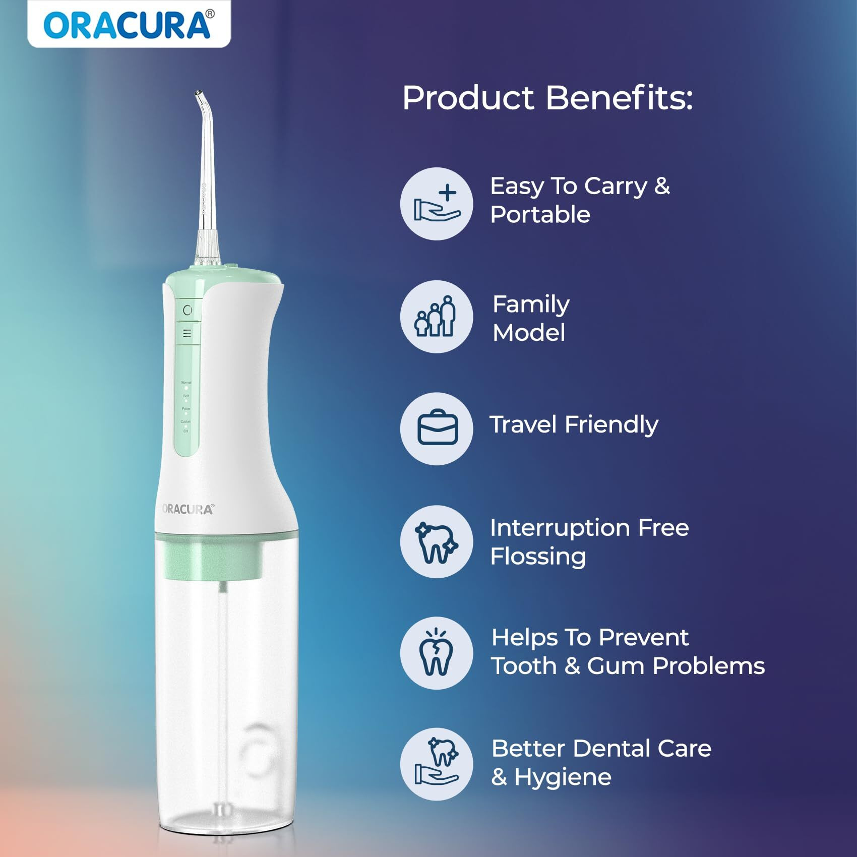 Oracura Oc300 Lite Smart Pro Water Flosser Green | 365 Days Warranty | 4 Modes | Micro-Bubble Technology | 2 Nozzle Tips | 4 Vibrant Colours | 300Ml Water Tank