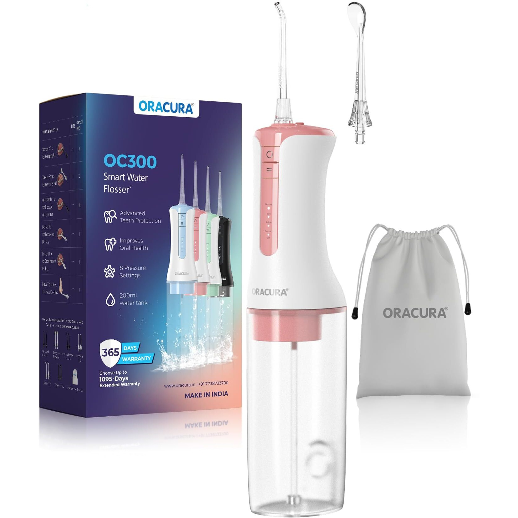 Oracura Oc300 Lite Smart Pro Water Flosser Peach | 365 Days Warranty | 4 Modes | Micro-Bubble Technology | 2 Nozzle Tips | 4 Vibrant Colours | 300Ml Water Tank