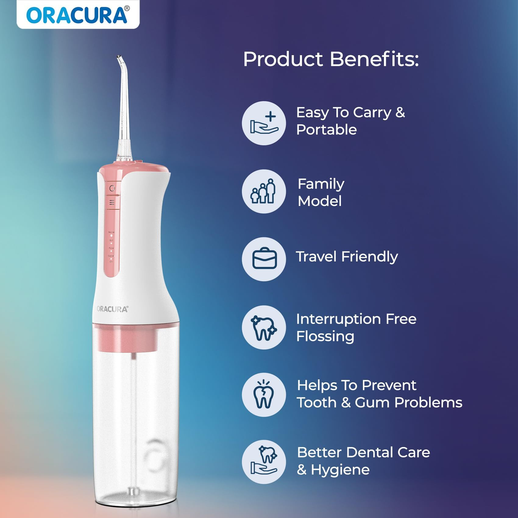 Oracura Oc300 Lite Smart Pro Water Flosser Peach | 365 Days Warranty | 4 Modes | Micro-Bubble Technology | 2 Nozzle Tips | 4 Vibrant Colours | 300Ml Water Tank