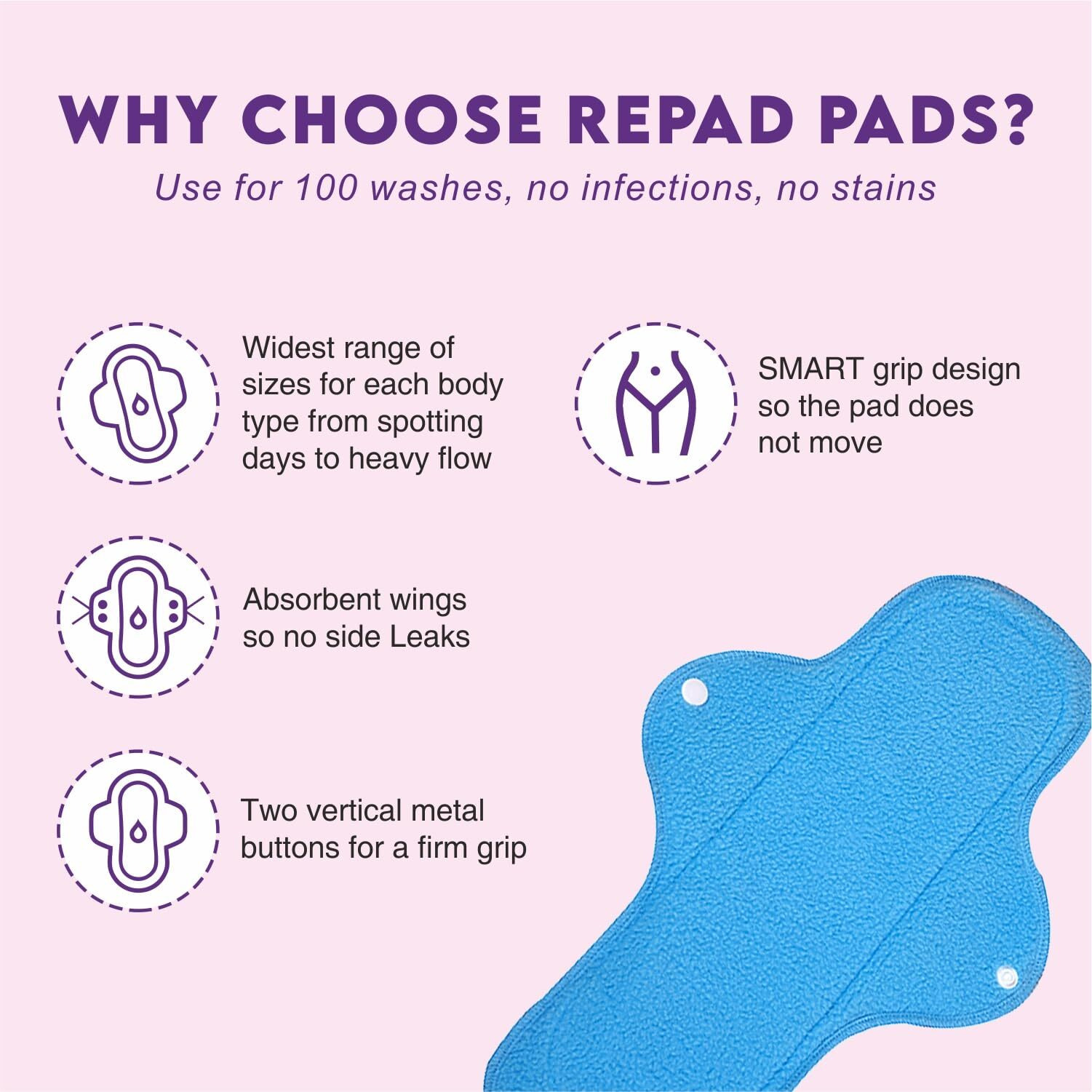 Repad Reusable Cloth Sanitary For Women Pads Overnight Cloth Washable Menstrual Pads Super-Absorbent, Soft And Comfortable 2 Maxi Sanitary Pad (Pack Of 2) |Lasts Up To 1 .5 Years
