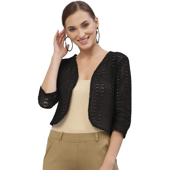 Style Quotient Women Black Cotton Self Design Lace Crop Open Front Shrug