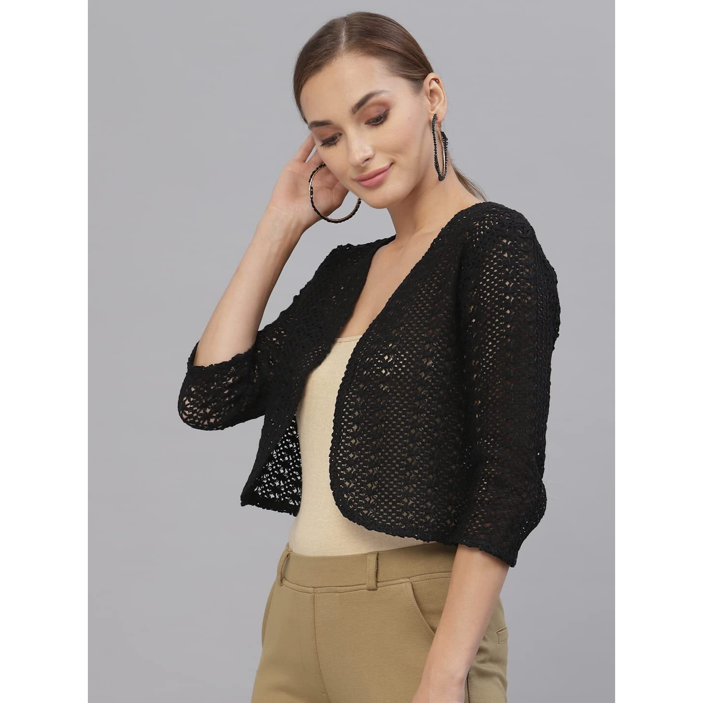 Style Quotient Women Black Cotton Self Design Lace Crop Open Front Shrug