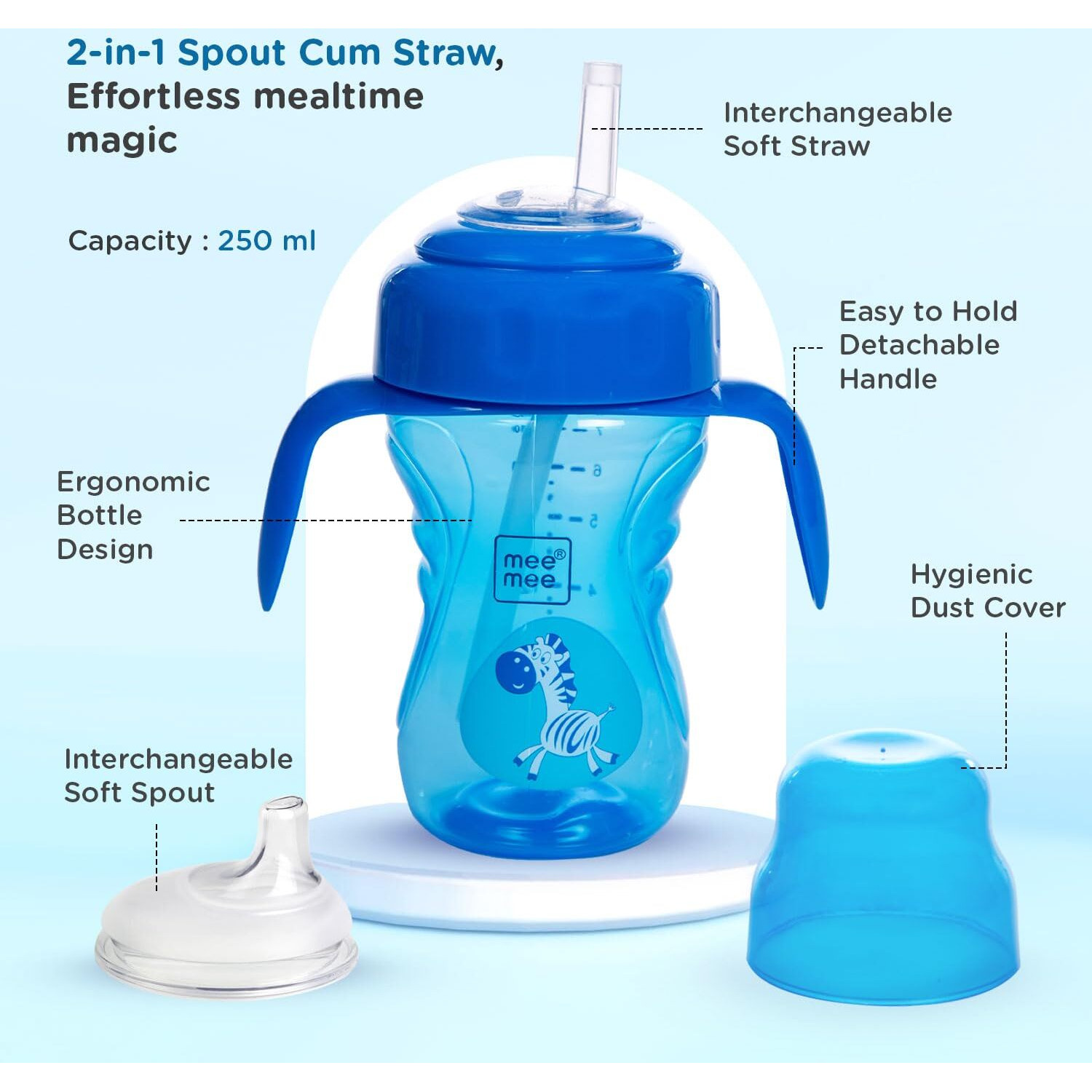 Mee Mee 2 In 1 Spout And Straw Sipper Cup For Meal | Bpa-Free, Anti Spill And Unbreakable | Easy To Hold Detachable Handle | Anti Leak Lock Bottle With Cap For Kids | 210Ml (Blue)
