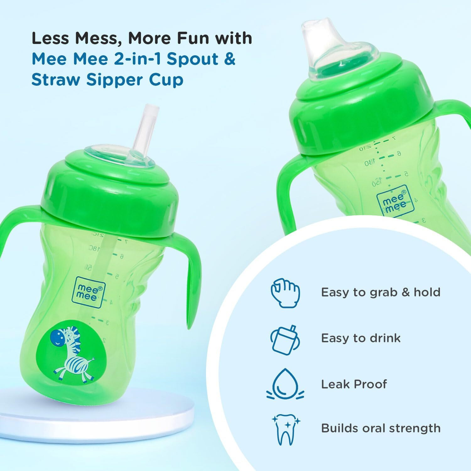Mee Mee 2 In 1 Plastic Sipper Cup With Interchangeable Straw And Spout | Anti-Leak & Detachable Handle | Bpa Free & Non-Toxic | Training Sippy Cup For Babies,Toddlers,Kids 210 Ml (Green)