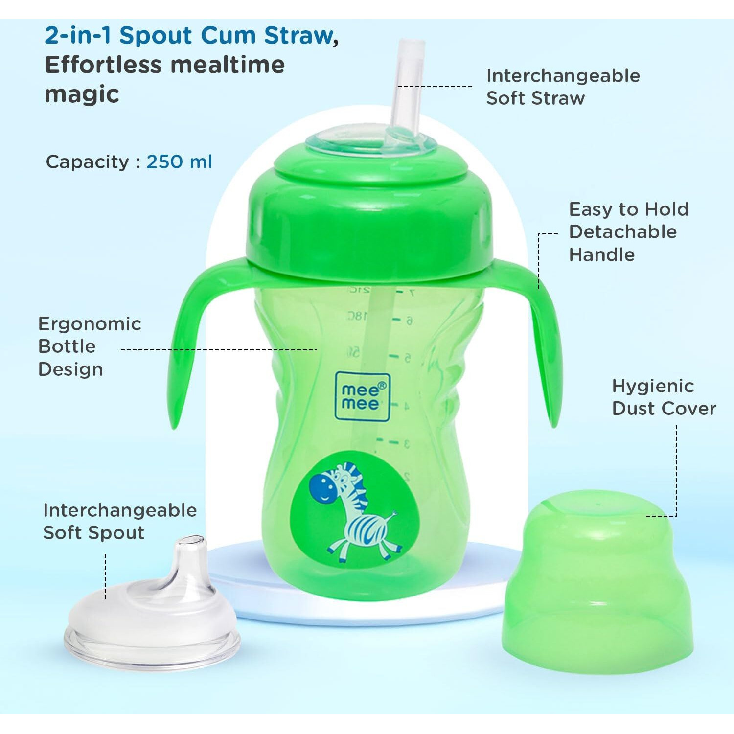 Mee Mee 2 In 1 Plastic Sipper Cup With Interchangeable Straw And Spout | Anti-Leak & Detachable Handle | Bpa Free & Non-Toxic | Training Sippy Cup For Babies,Toddlers,Kids 210 Ml (Green)