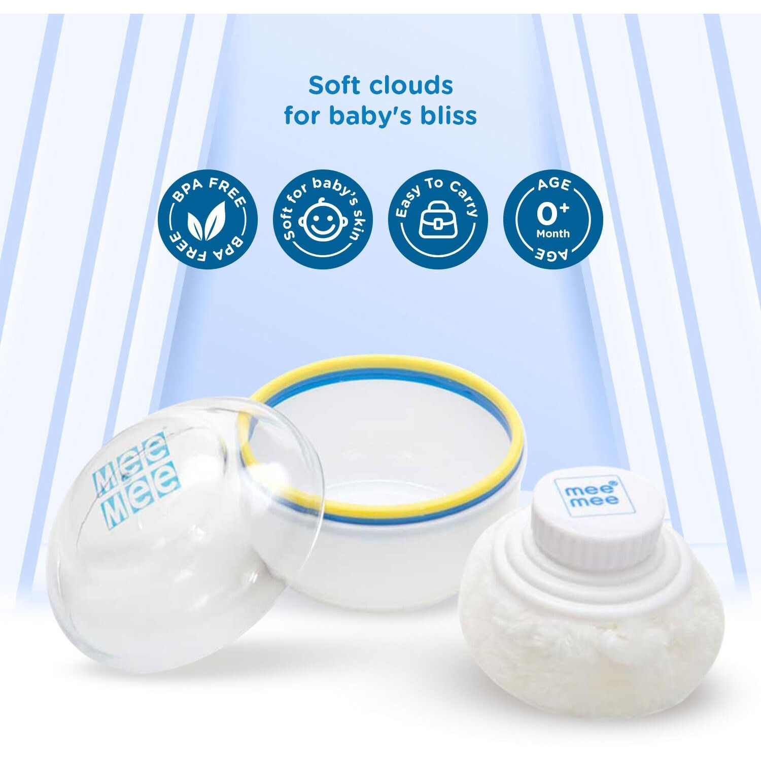Mee Mee Soft-Feel Blue Powder Puff With With Box Holder Container For New Born And Kids | Gentle Touch For Your Little One's Skin | Bpa-Free (Regular, Light Blue)
