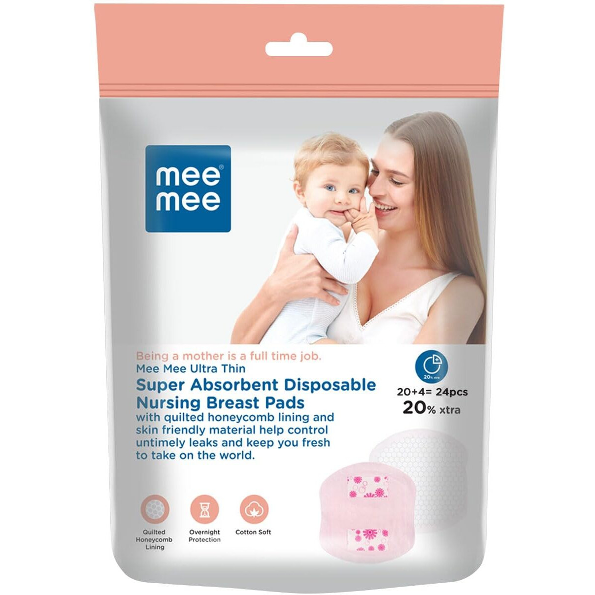 Mee Mee Disposable Nursing Breast Pads 24 Pcs | Ultra Thin Honeycomb Nursing Breast Pads With Leak Guard | Super Absorbent, Soft Cotton Maternity Pads | Compact & Discreet