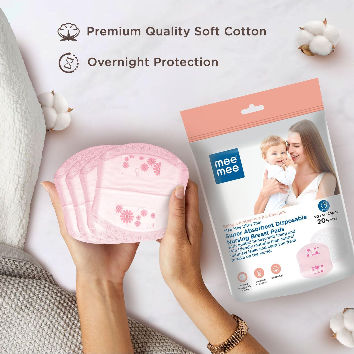 Mee Mee Disposable Nursing Breast Pads 24 Pcs | Ultra Thin Honeycomb Nursing Breast Pads With Leak Guard | Super Absorbent, Soft Cotton Maternity Pads | Compact & Discreet
