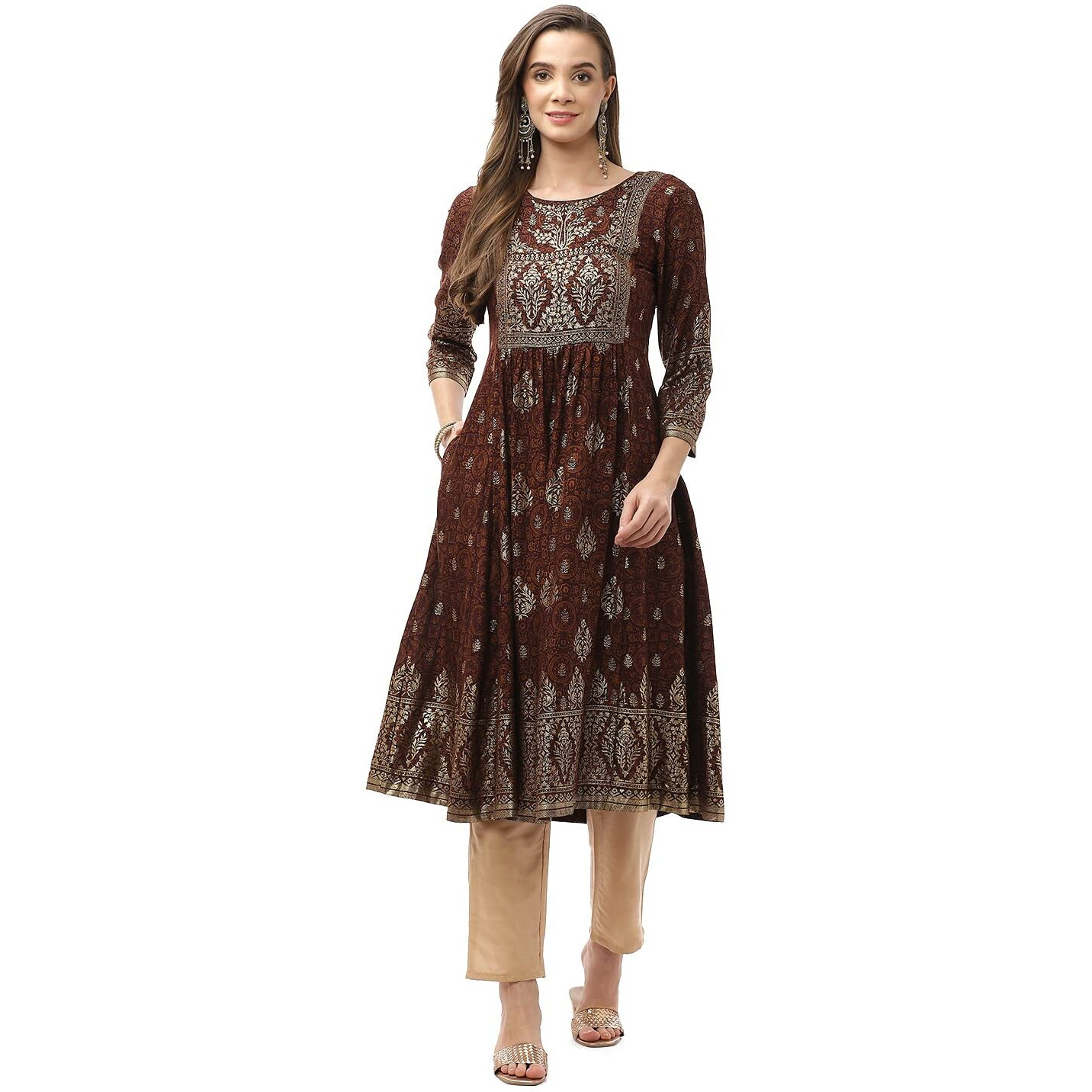 Biba Women Rayon Printed Regular Mix And Match Kurta(Ajrakh18416_Brown_42)