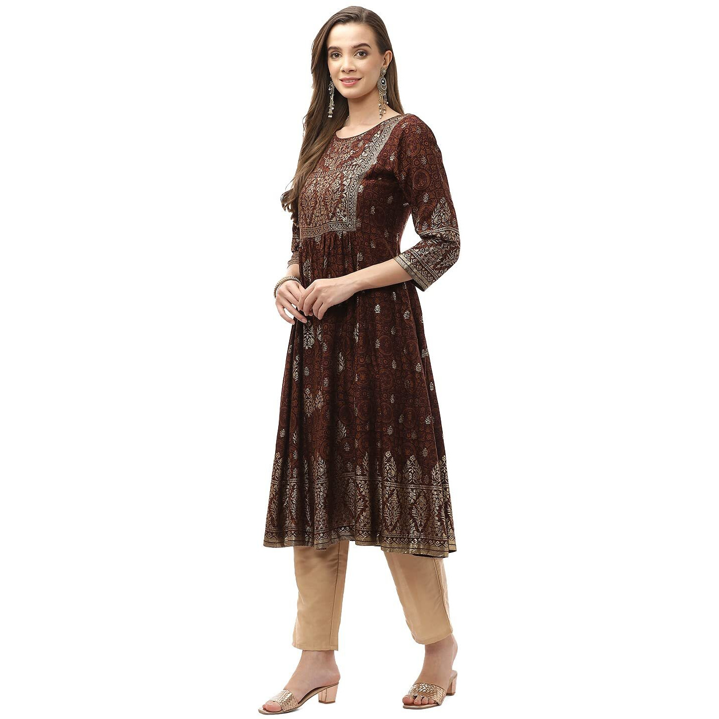 Biba Women Rayon Printed Regular Mix And Match Kurta(Ajrakh18416_Brown_42)