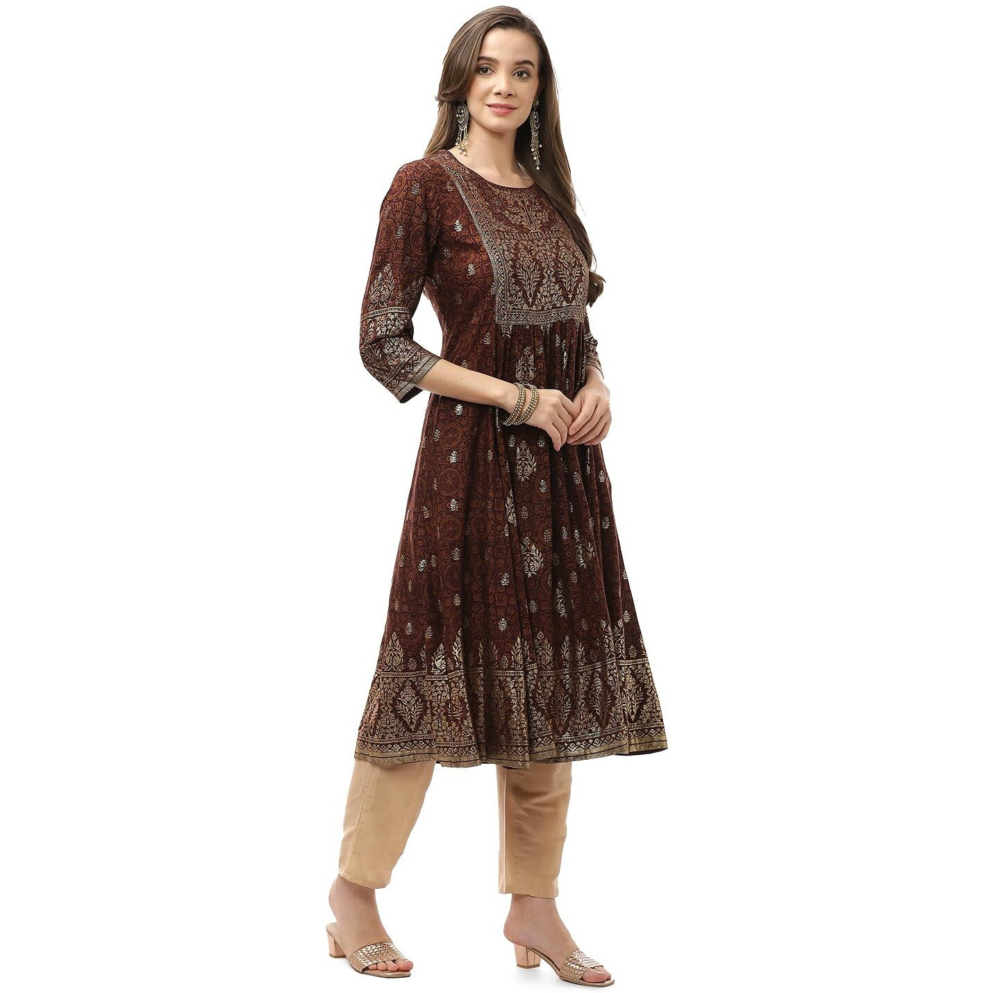 Biba Women Rayon Printed Regular Mix And Match Kurta(Ajrakh18416_Brown_42)