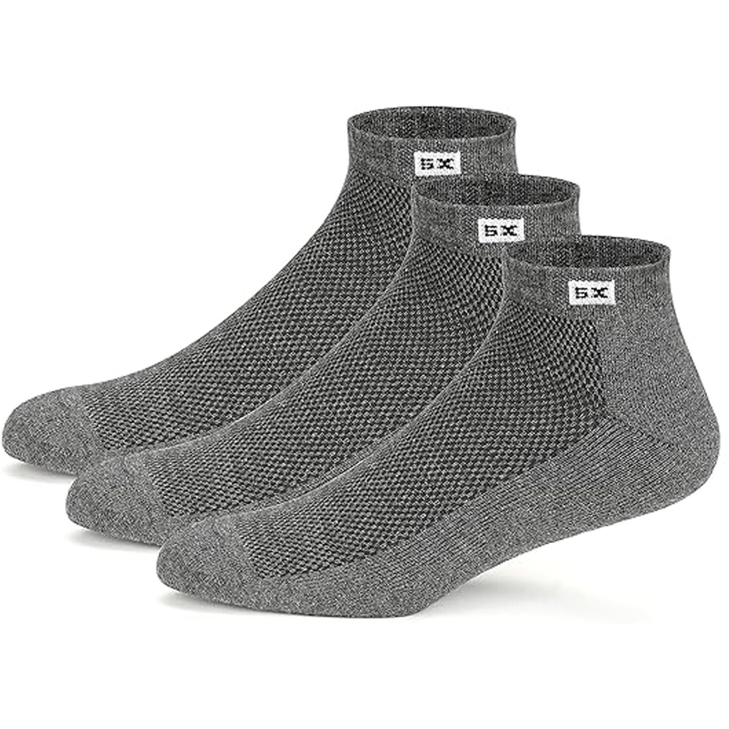 Supersox Cotton Men's 3 Pairs Sports Ankle Length Socks - Half Terry Cushioned, Anti Odour & Anti Bacterial For Sneaker & Running Workout - Free Size, Pack Of 3 (Multicolored) (Grey)