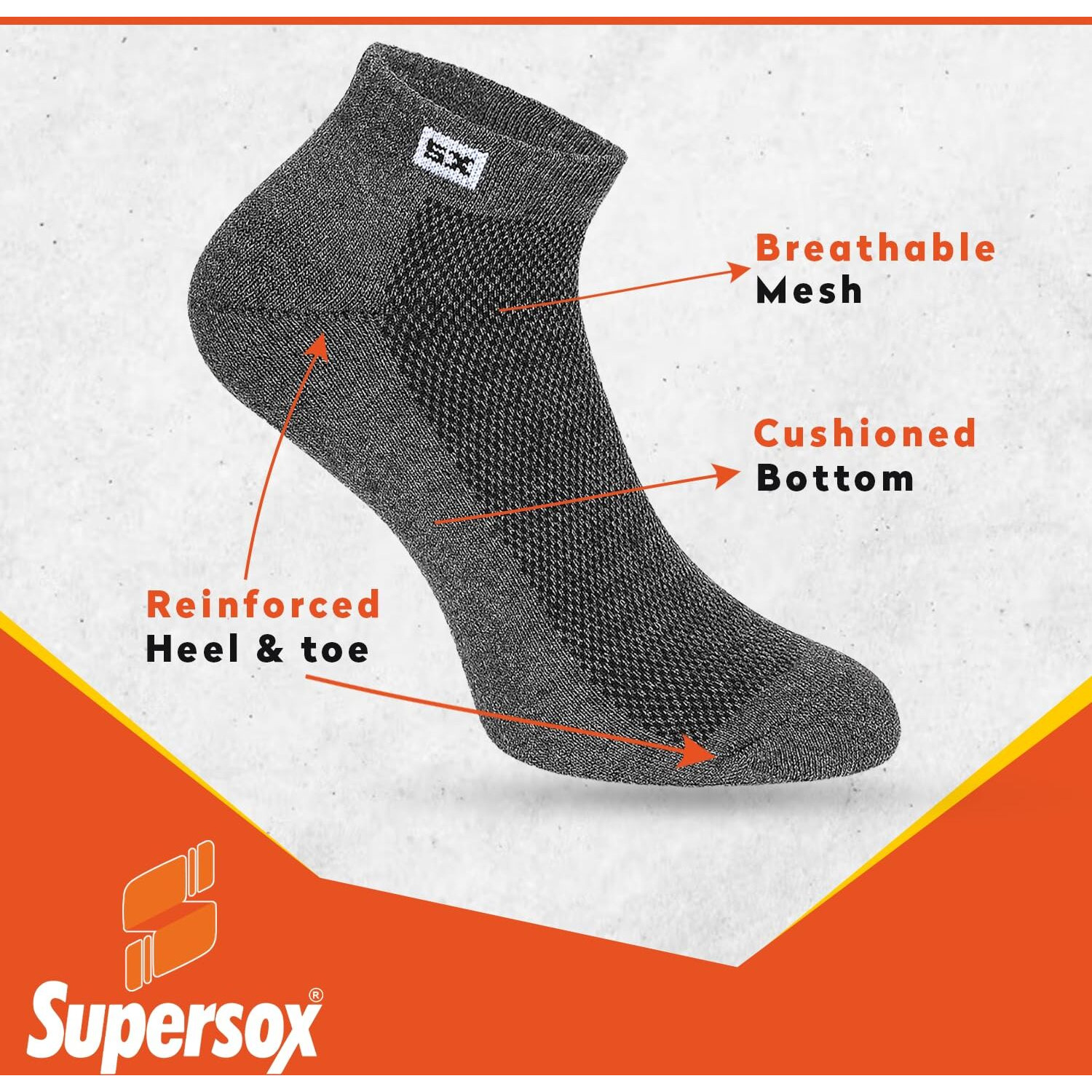 Supersox Cotton Men's 3 Pairs Sports Ankle Length Socks - Half Terry Cushioned, Anti Odour & Anti Bacterial For Sneaker & Running Workout - Free Size, Pack Of 3 (Multicolored) (Grey)