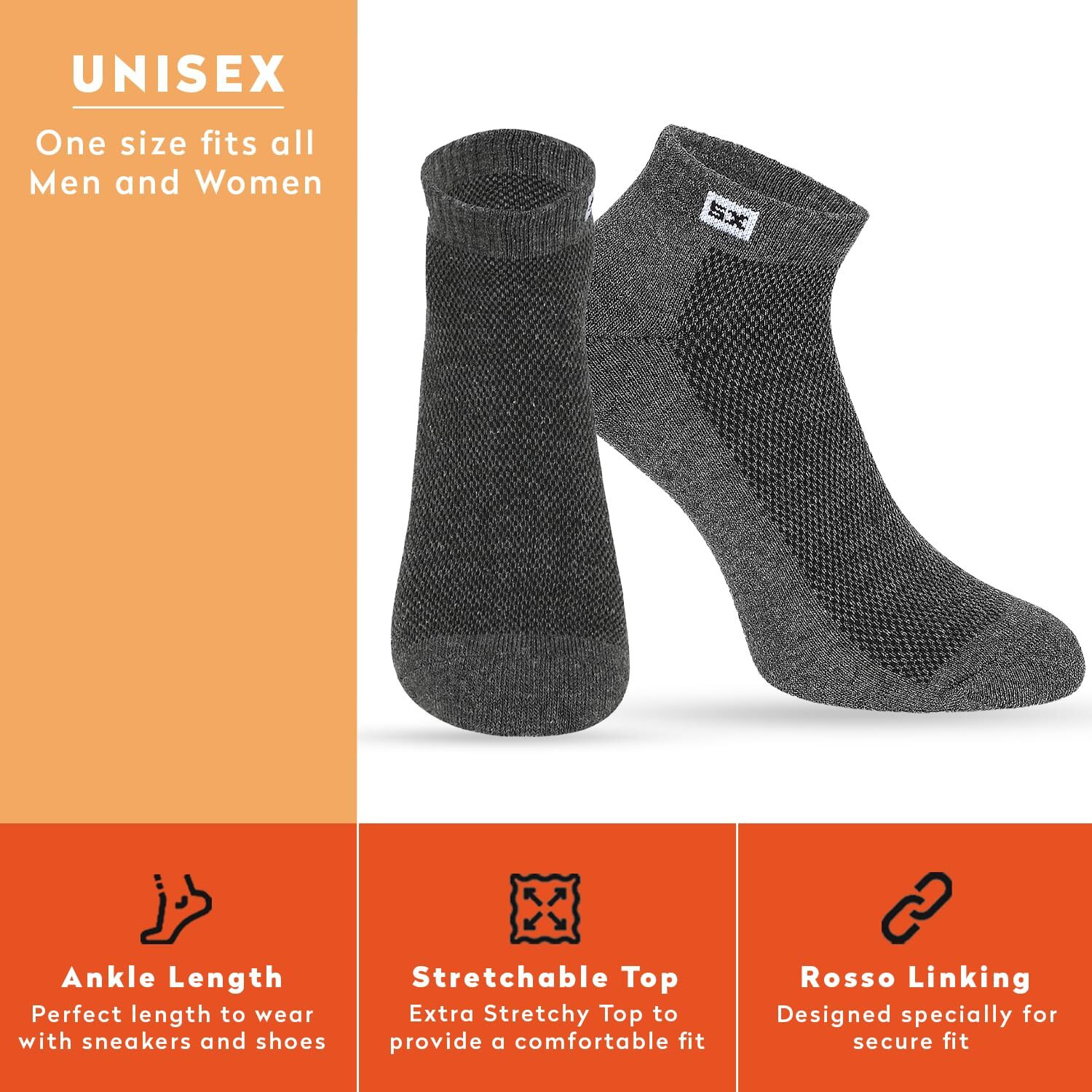 Supersox Cotton Men's 3 Pairs Sports Ankle Length Socks - Half Terry Cushioned, Anti Odour & Anti Bacterial For Sneaker & Running Workout - Free Size, Pack Of 3 (Multicolored) (Grey)