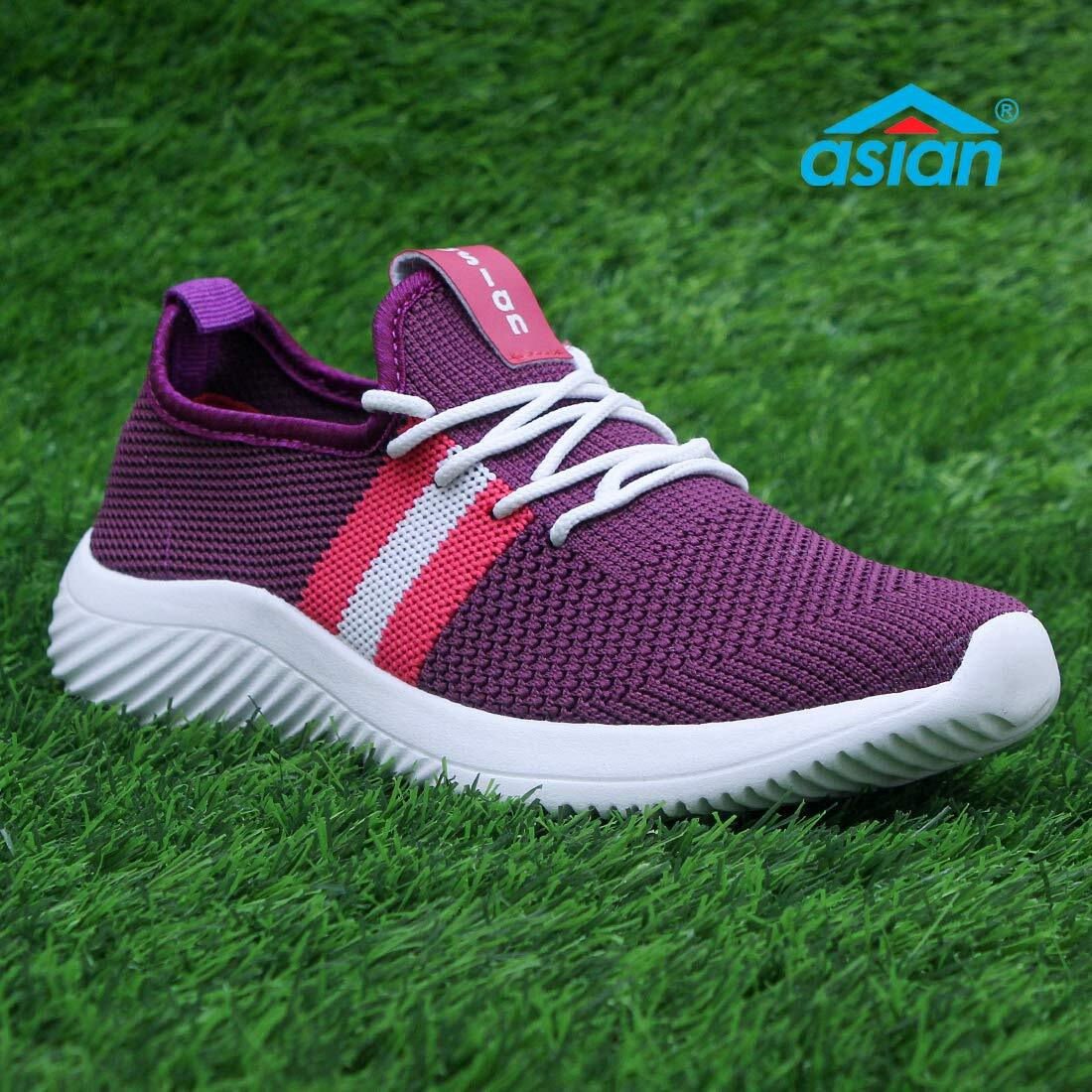 Asian Women's Angel-04 Sports Running,Walking Gym Lightweight With Knitted Fabric Extra Cushion Casual Sneaker Shoes For Ladies And Girls Purple