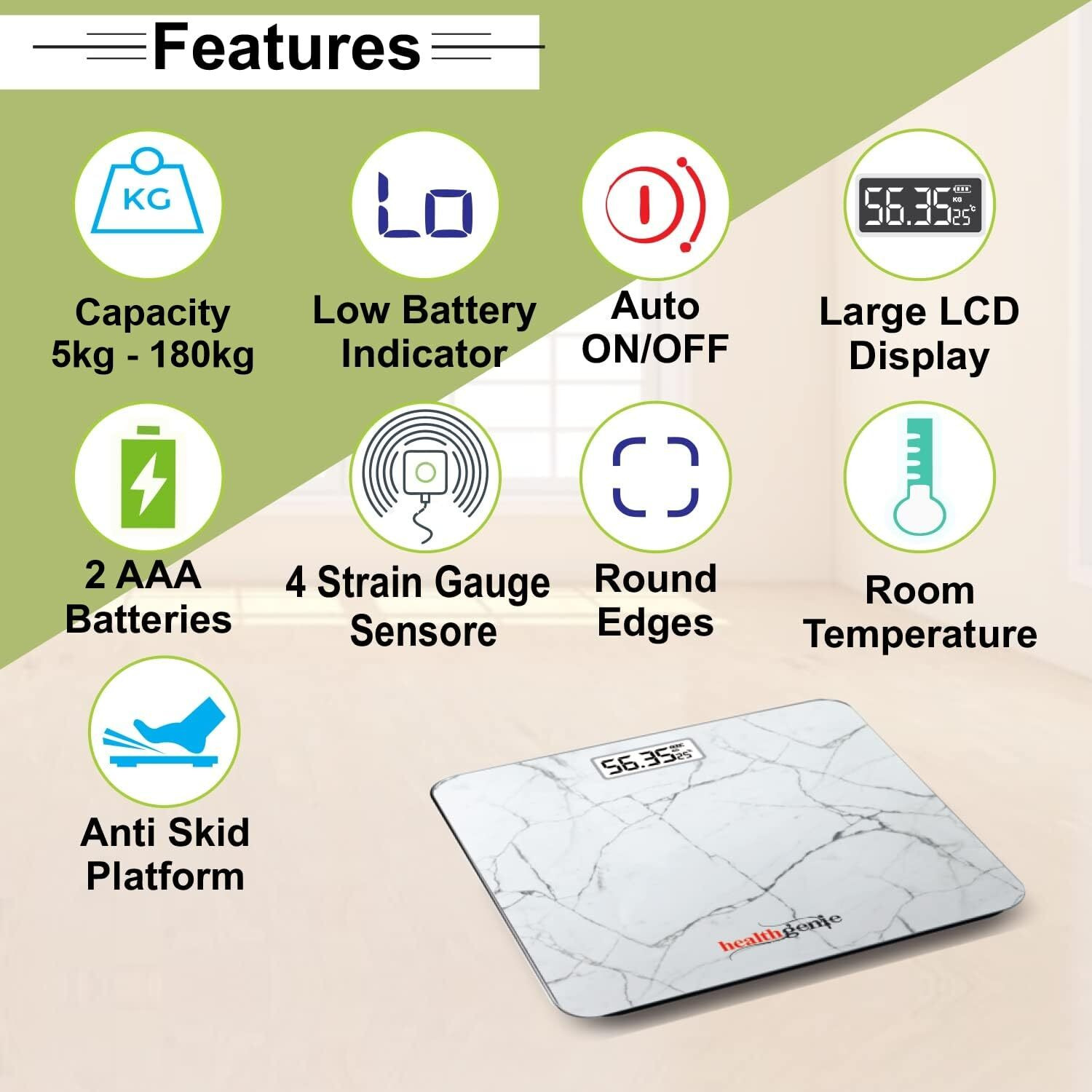 Healthgenie Weight Machine For Body Weight With 3 Yrs Warranty & Thick Tempered Glass Lcd Display Digital Weighing Machine (Marble) Hd-221, 180 Kg