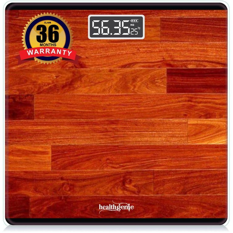 Healthgenie Weight Machine For Body Weight With 3 Yrs Warranty & Thick Tempered Glass Lcd Display Digital Weighing Machine (Red Wood) Hd-221