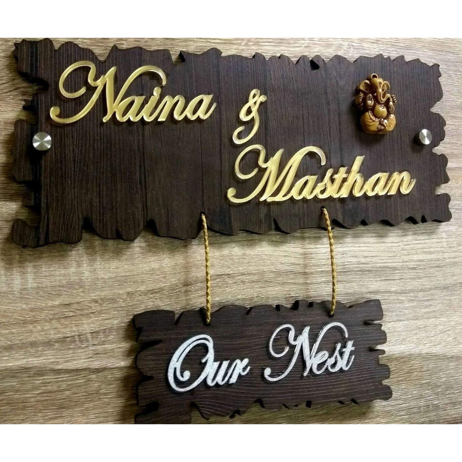 Aarushi Creations Wood Personalised Home Door Name Plate With Golden Acrylic Embossed Letters With Mirror Shine (Size 13 X 12 Inch, Dark Brown, 13 X 12 Inch, 16 X 15 Inch), Self Adhesive