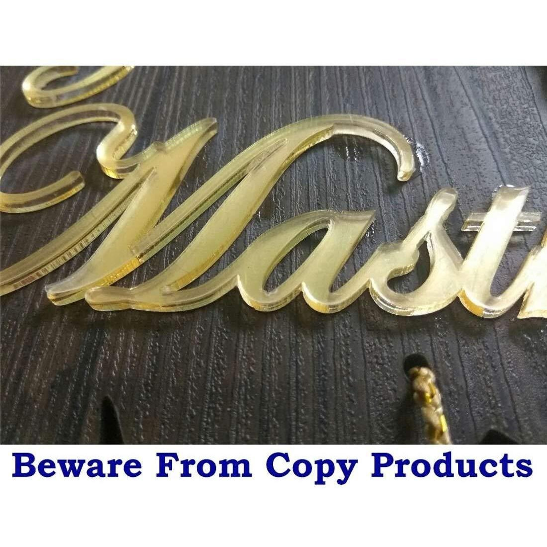Aarushi Creations Wood Personalised Home Door Name Plate With Golden Acrylic Embossed Letters With Mirror Shine (Size 13 X 12 Inch, Dark Brown, 13 X 12 Inch, 16 X 15 Inch), Self Adhesive