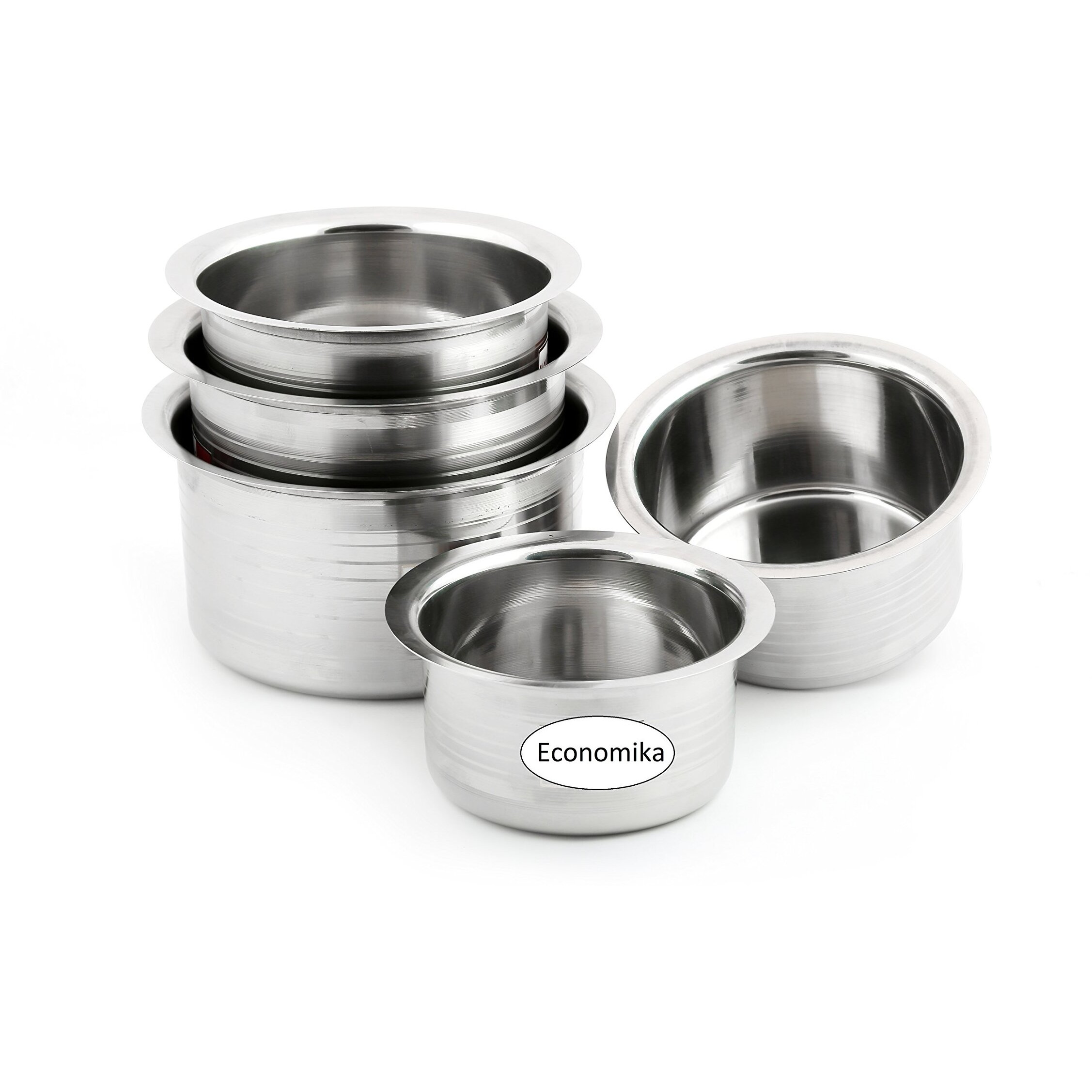 Kcl Stainless Steel - Ekonomica Tope Cookware Set | Flat Bottom Tope Set For Kitchen | Multipurpose Steel Bhagona For Home | Induction Compatible | 5 Various Size - 2000, 1500, 1000, 750 & 500 Ml