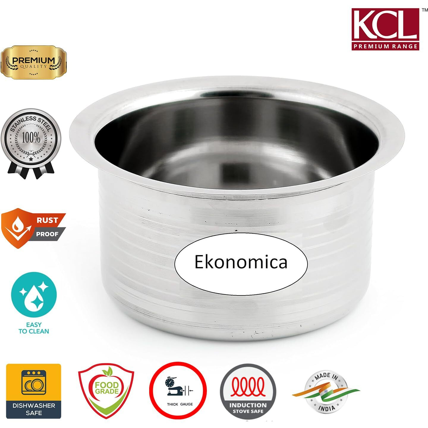 Kcl Stainless Steel - Ekonomica Tope Cookware Set | Flat Bottom Tope Set For Kitchen | Multipurpose Steel Bhagona For Home | Induction Compatible | 5 Various Size - 2000, 1500, 1000, 750 & 500 Ml