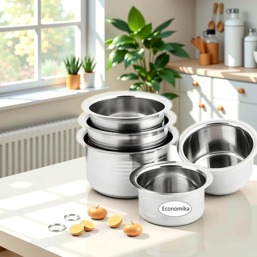 Kcl Stainless Steel - Ekonomica Tope Cookware Set | Flat Bottom Tope Set For Kitchen | Multipurpose Steel Bhagona For Home | Induction Compatible | 5 Various Size - 2000, 1500, 1000, 750 & 500 Ml