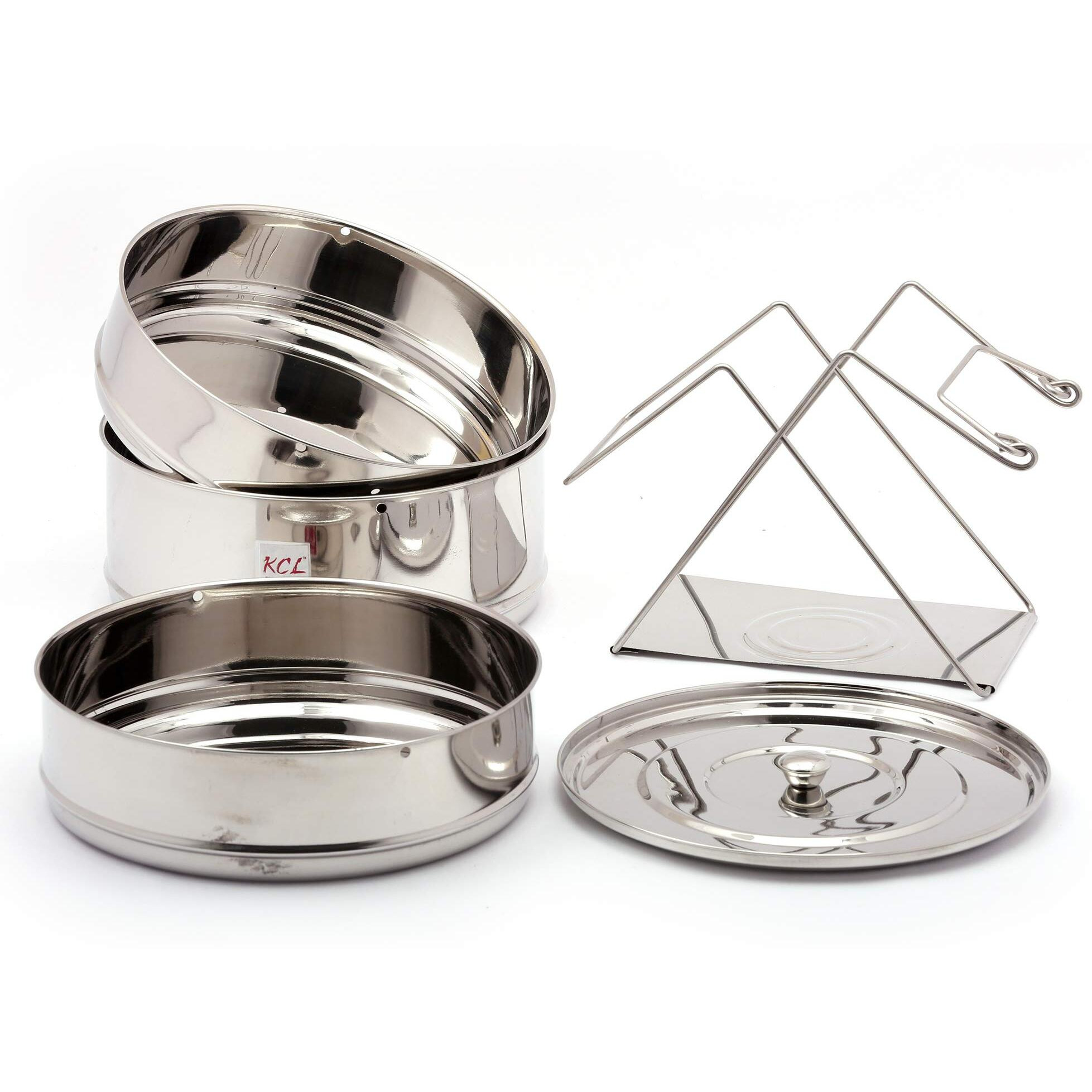 Kcl Stainless Steel - Cooker Separator Set With Lid & Lifter | Deep Stackable Container Set For Outer Lid Pressure Cooker | Suitable For 10 Litre Cooker | Multipurpose Container Set | Dishwasher Safe